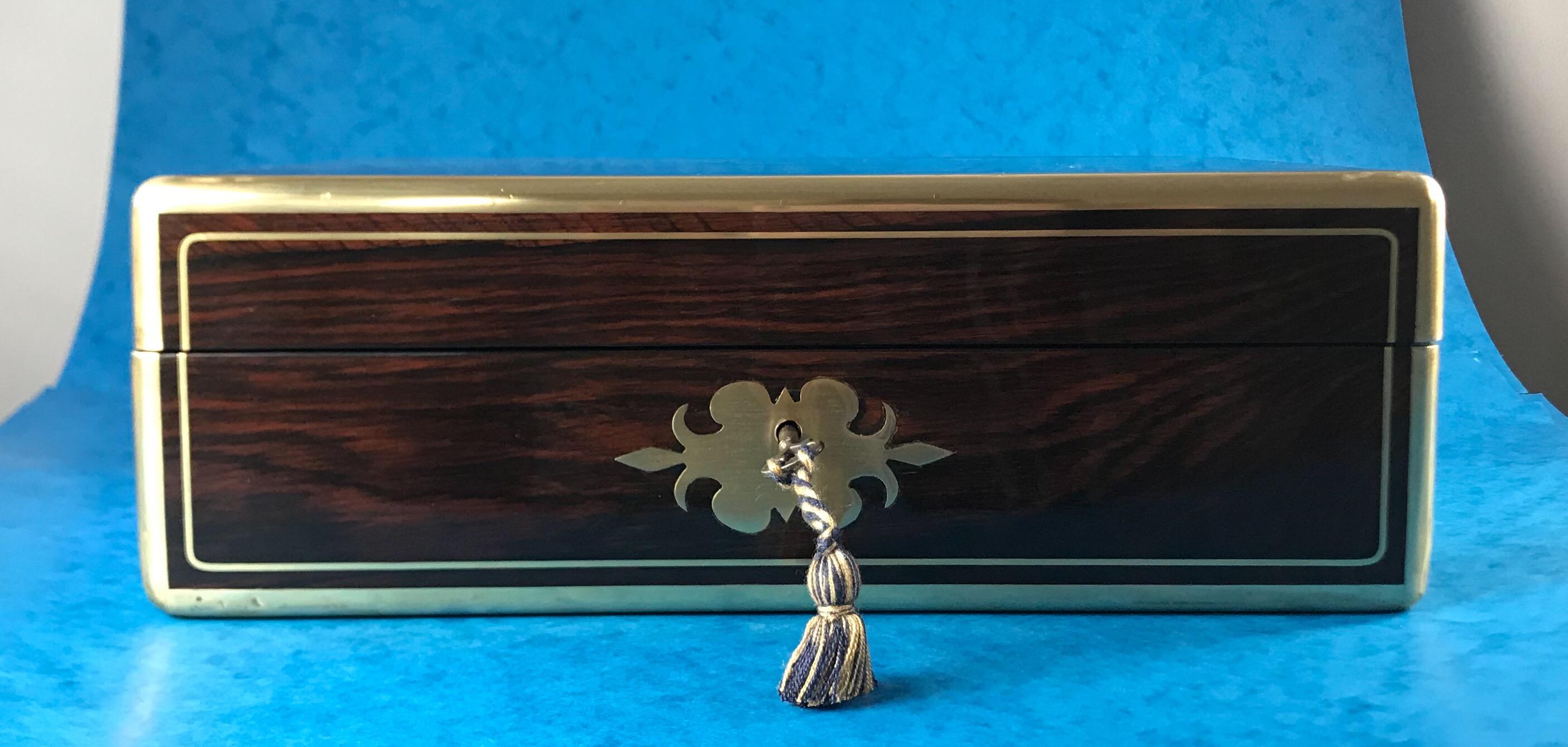 English Georgian William IV 1830 Brass Bound Brass Inlaid Rosewood Box