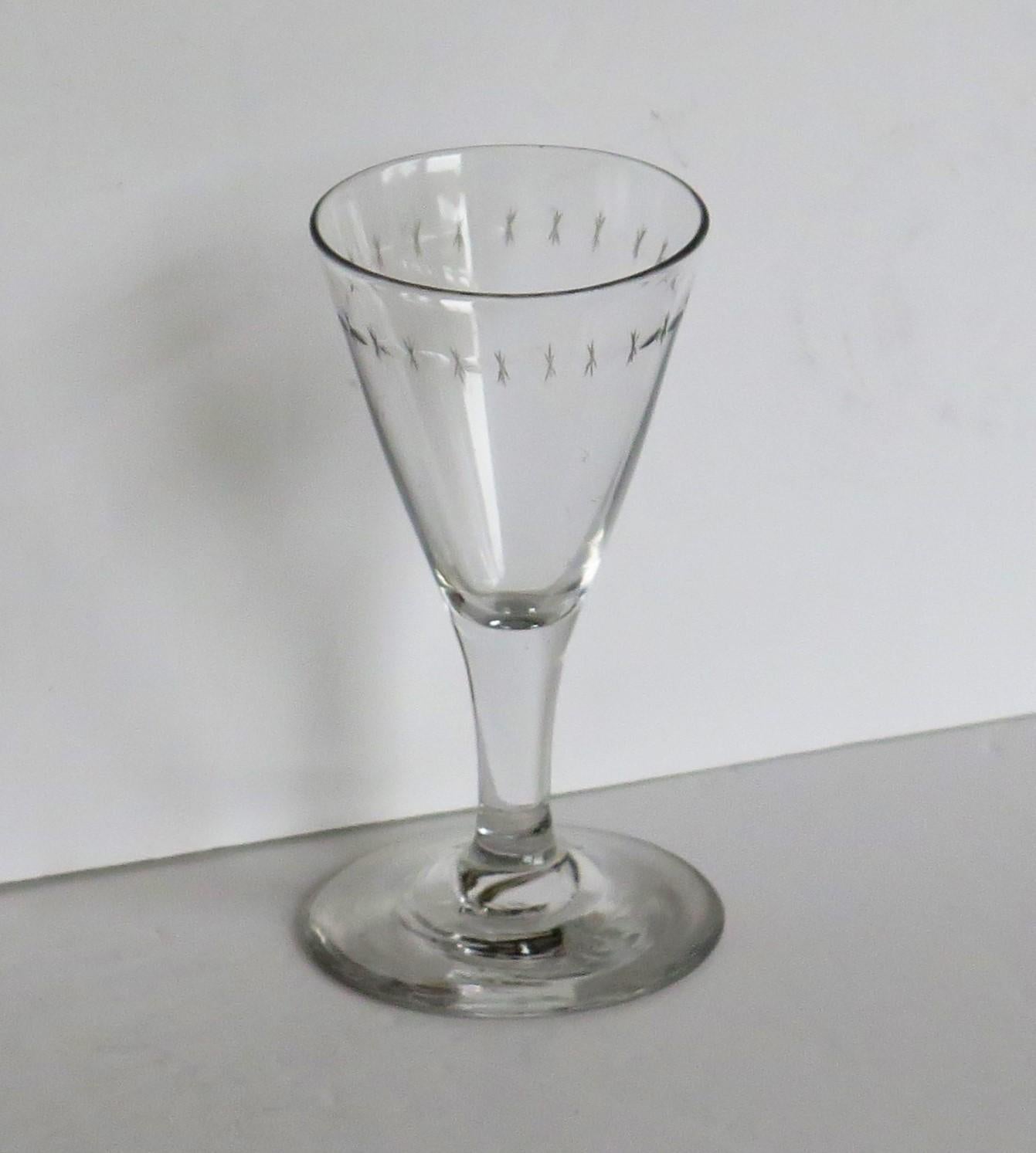 English Georgian Wine Drinking Glass Hand Blown Engraved with Star and Darts, circa 1790