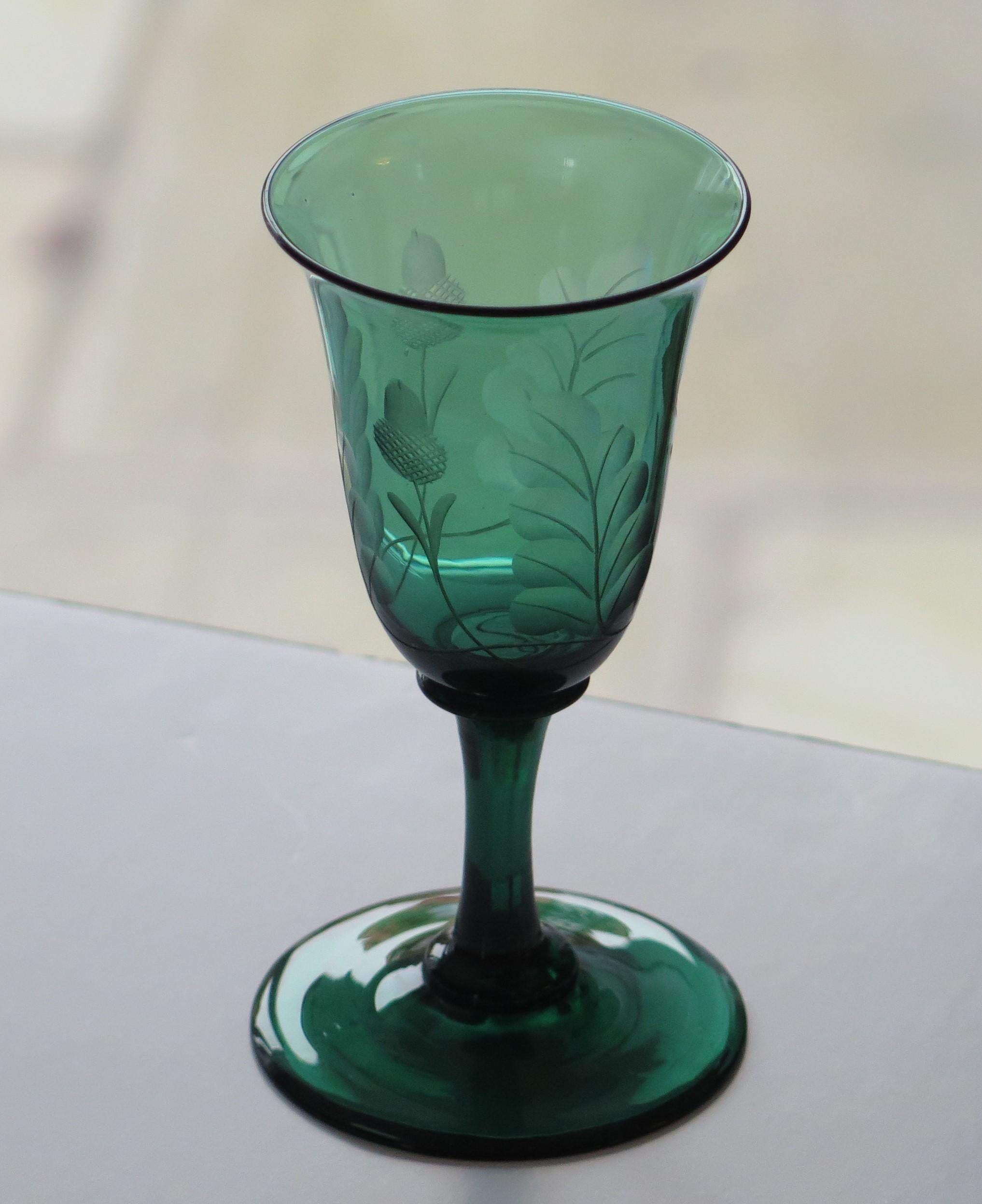 Georgian Wine Glass Bristol Green Bell Bowl Engraved Acorns, English, circa 1815 For Sale 2