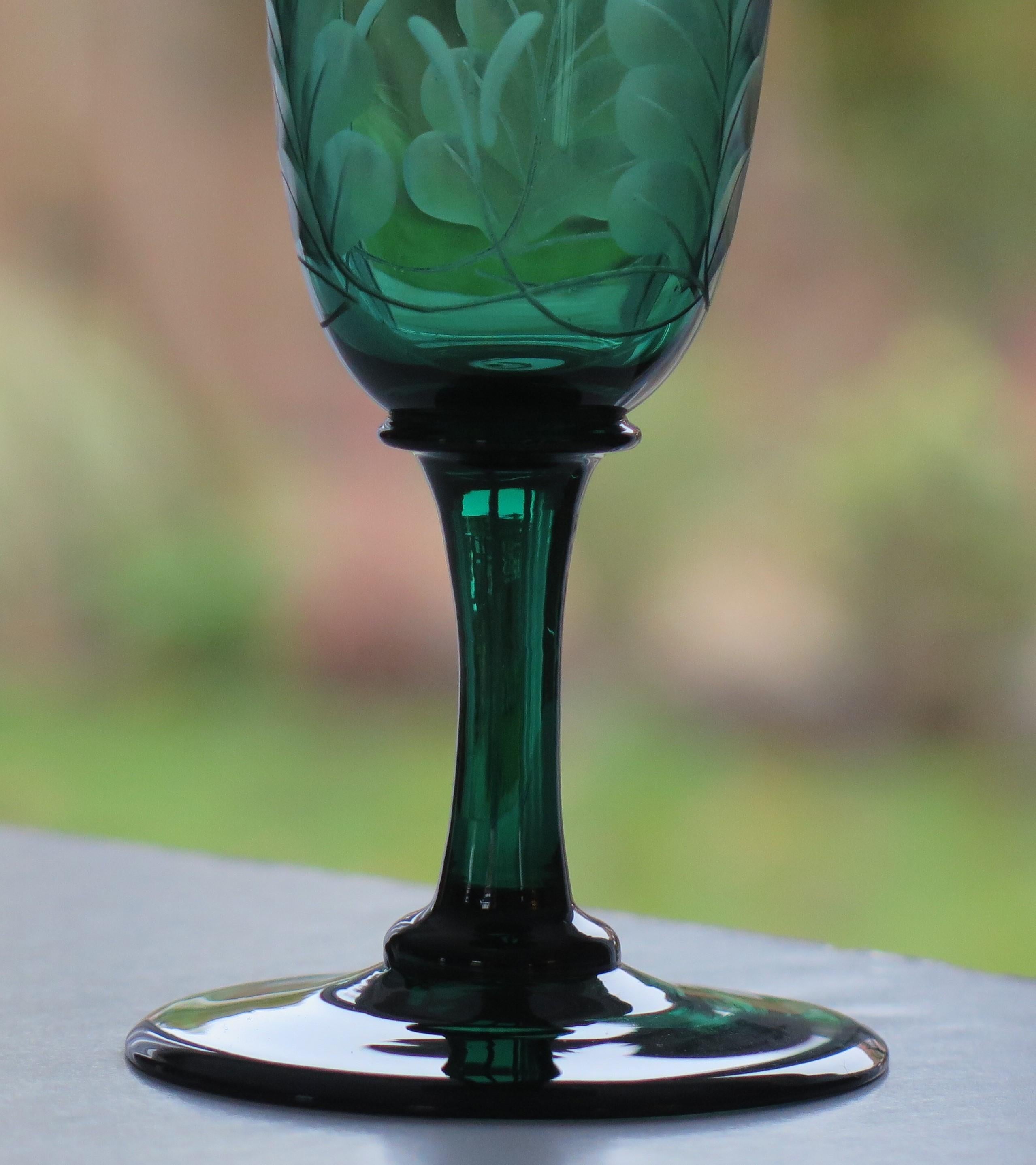 Hand-Crafted Georgian Wine Glass Bristol Green Bell Bowl Engraved Acorns, English, circa 1815 For Sale