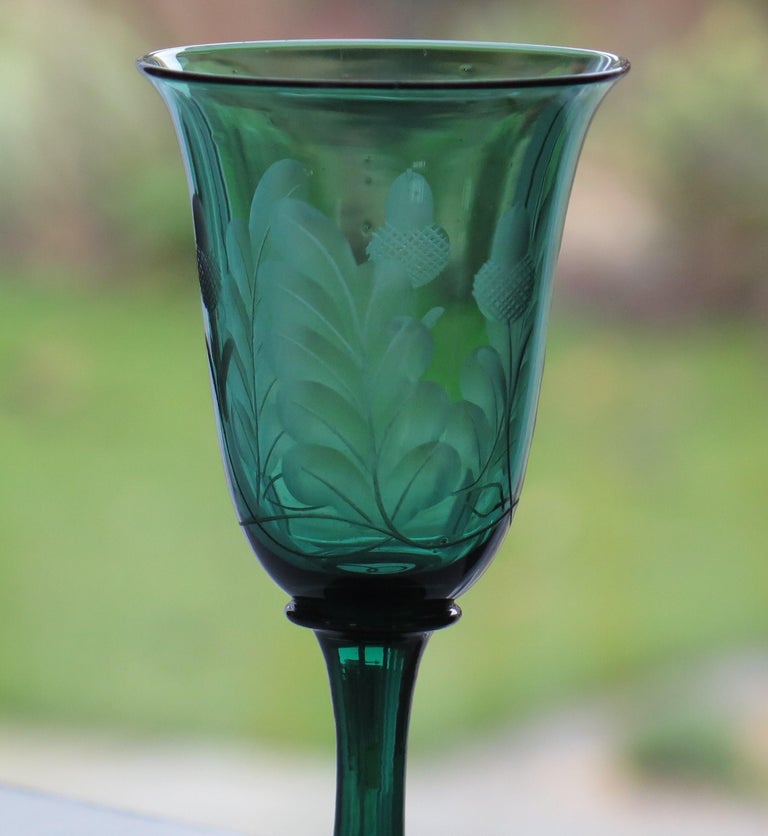 Wine Glass Bristol Green Bell Bowl Engraved Acorns, English