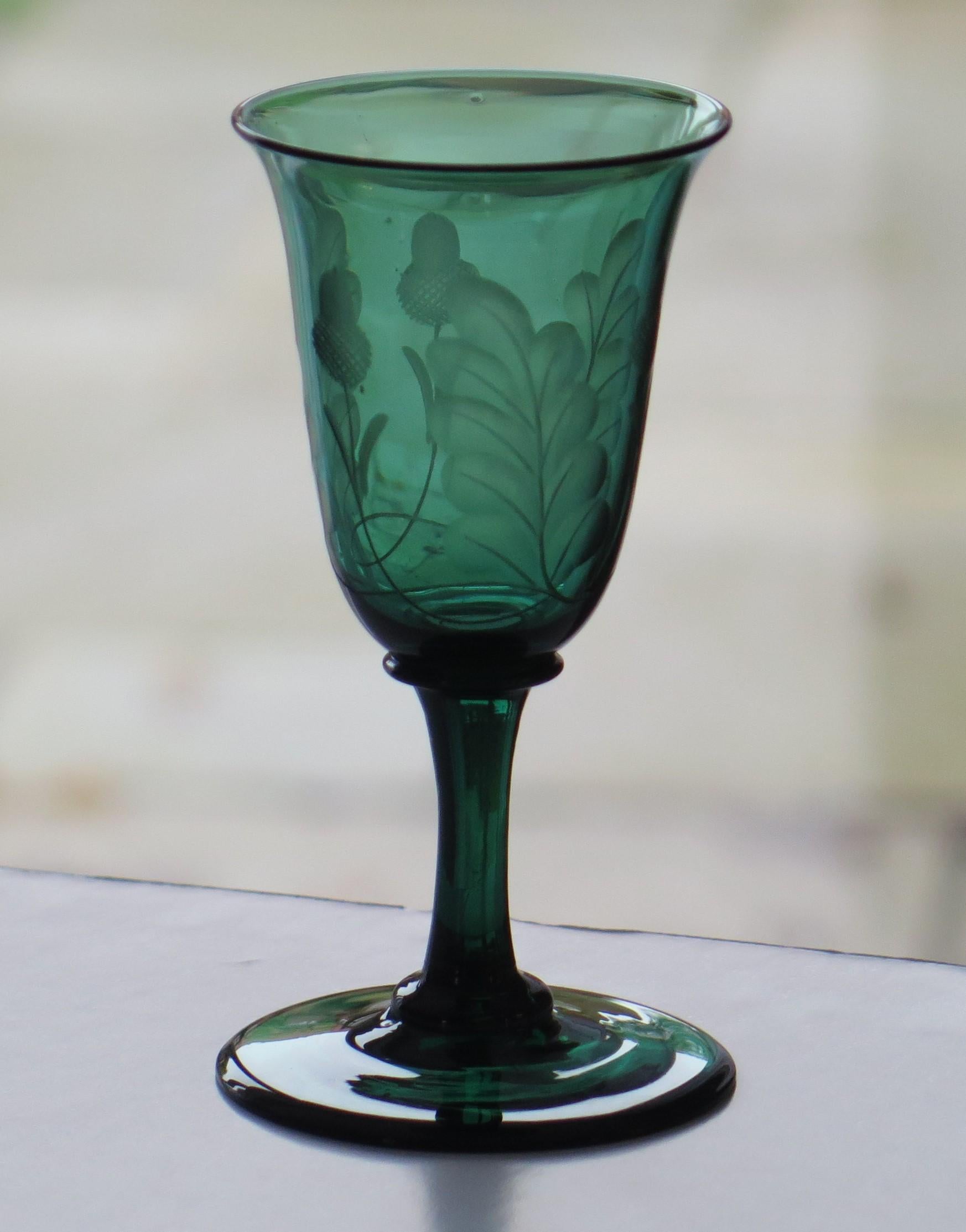 19th Century Georgian Wine Glass Bristol Green Bell Bowl Engraved Acorns, English, circa 1815 For Sale