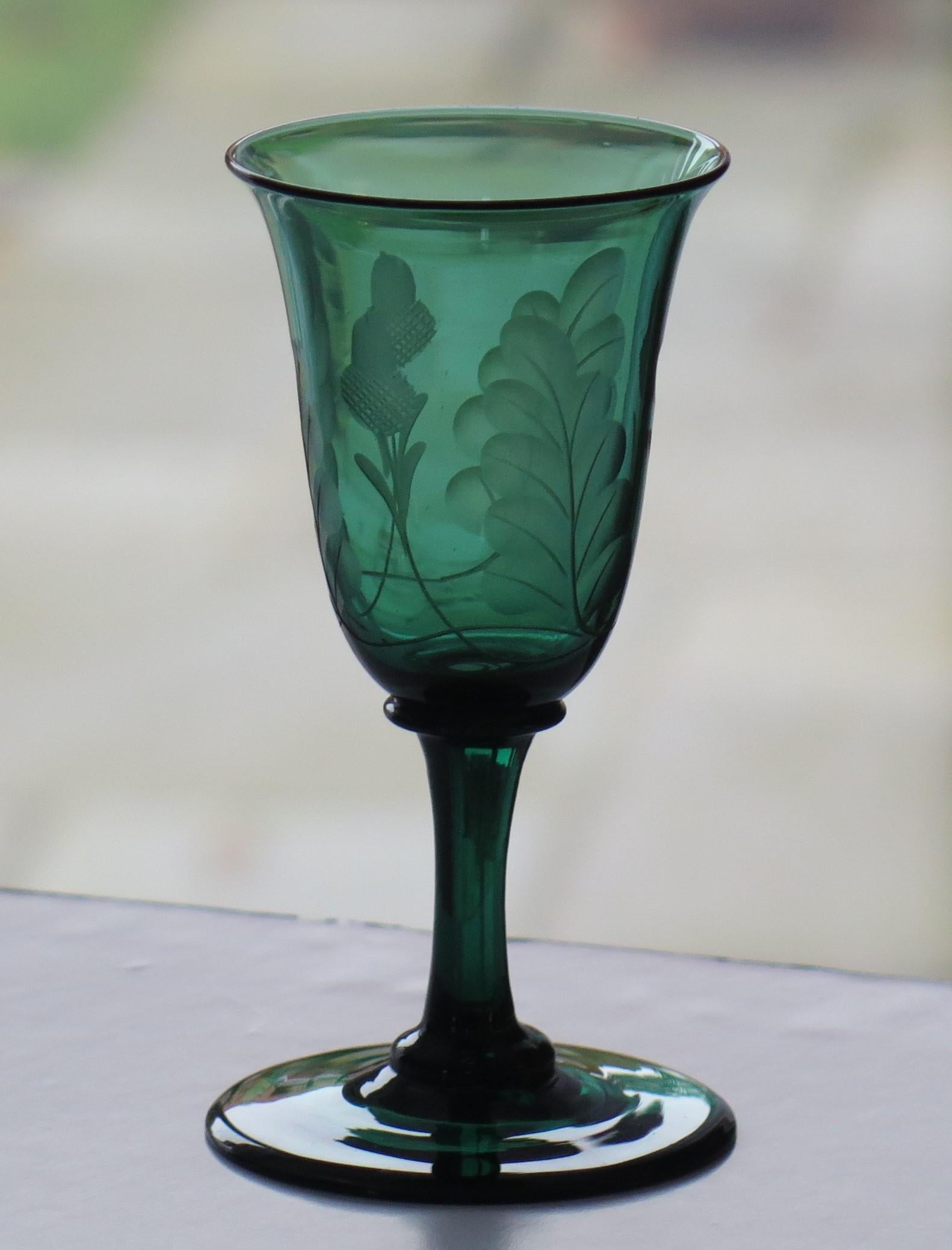 Georgian Wine Glass Bristol Green Bell Bowl Engraved Acorns, English, circa 1815 For Sale 1