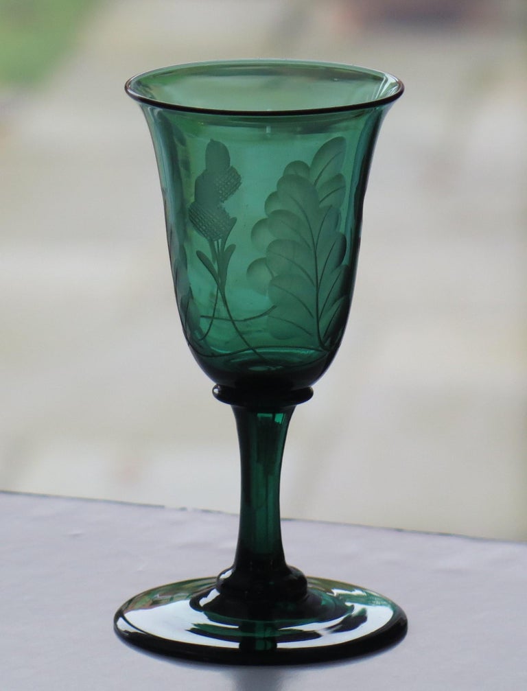 Wine Glass Bristol Green Bell Bowl Engraved Acorns, English