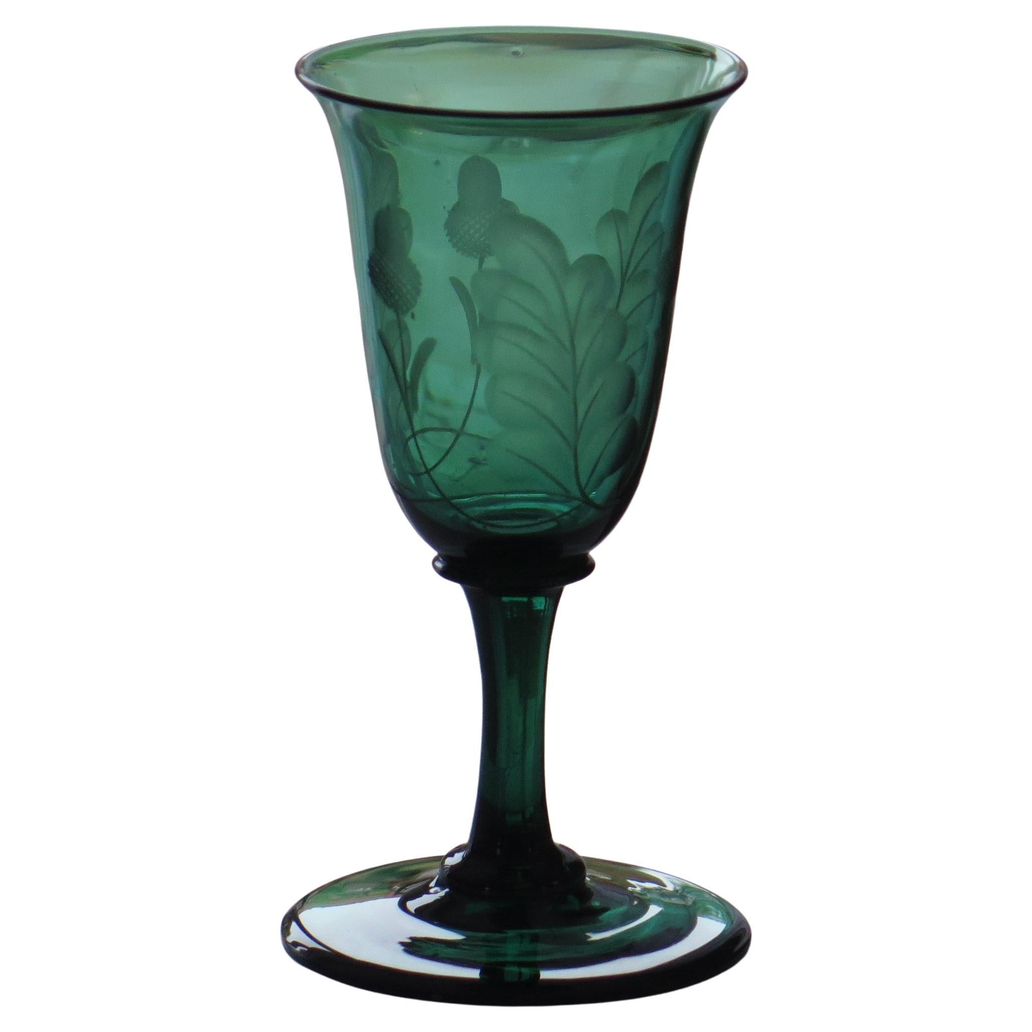 Verre à vin Georgian Bristol Green Bell Bowl Gravé Acorns, anglais, circa 1815