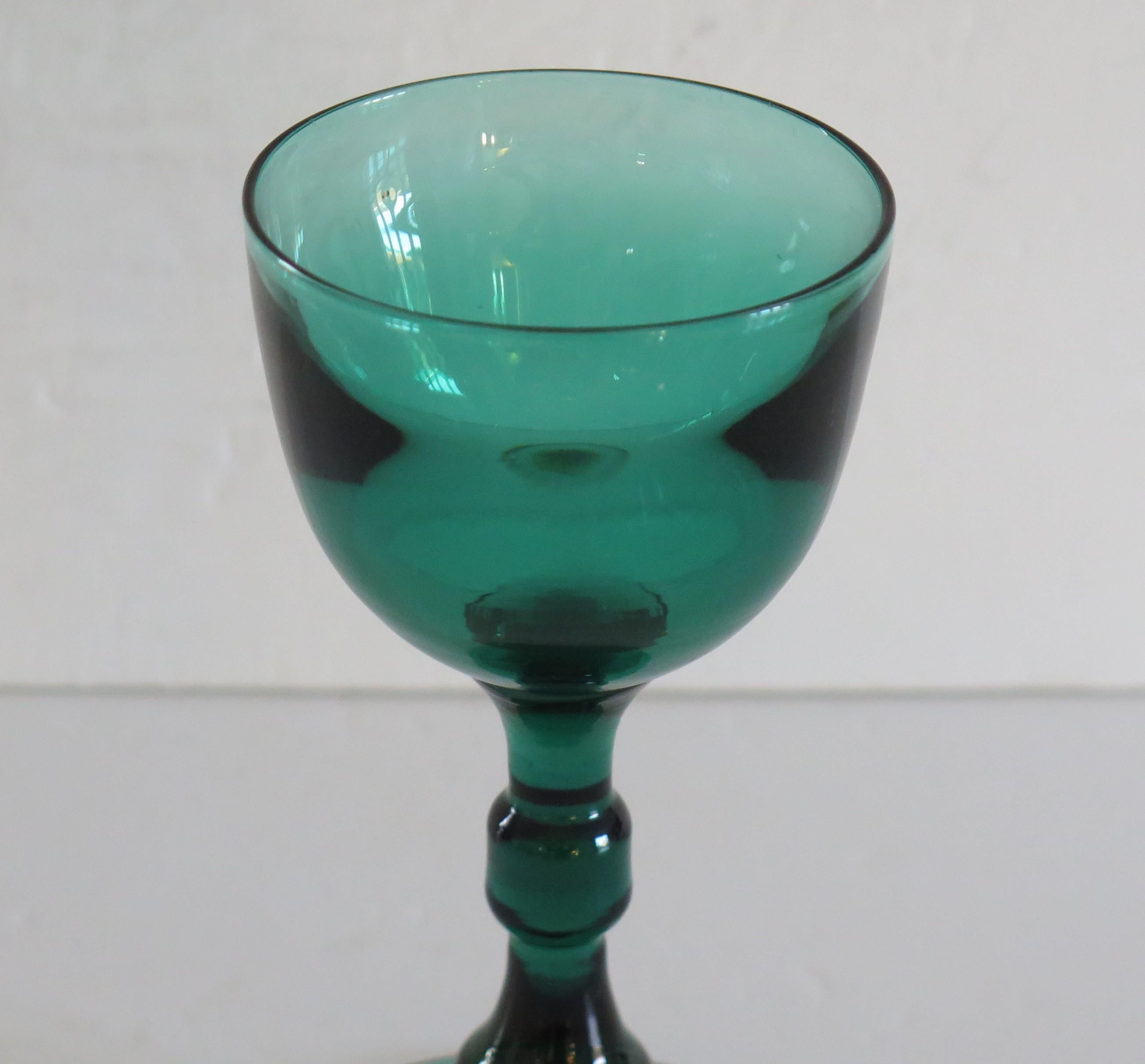 Hand-Crafted Georgian Wine Glass Bristol Green Rare Cylinder & Basal Knop, English circa 1815 For Sale