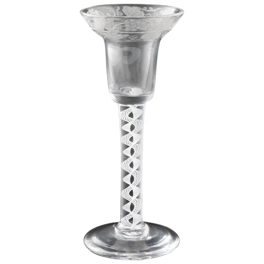 Georgian Wine Glass Opaque Twist Stem Engraved Saucer Top Bowl c1760 For Sale