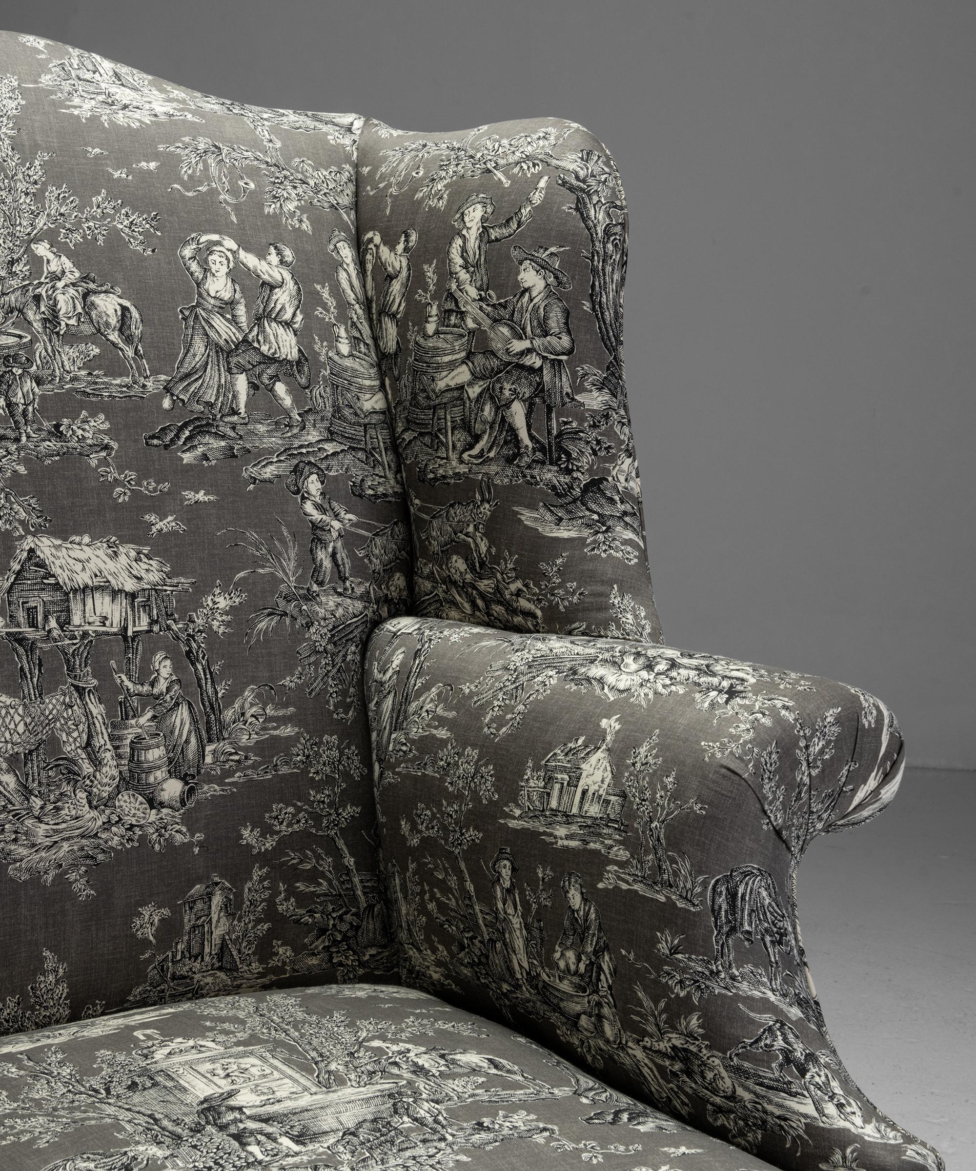 English Georgian Wing Chair in 100% Cotton Toile Fabric from Pierre Frey