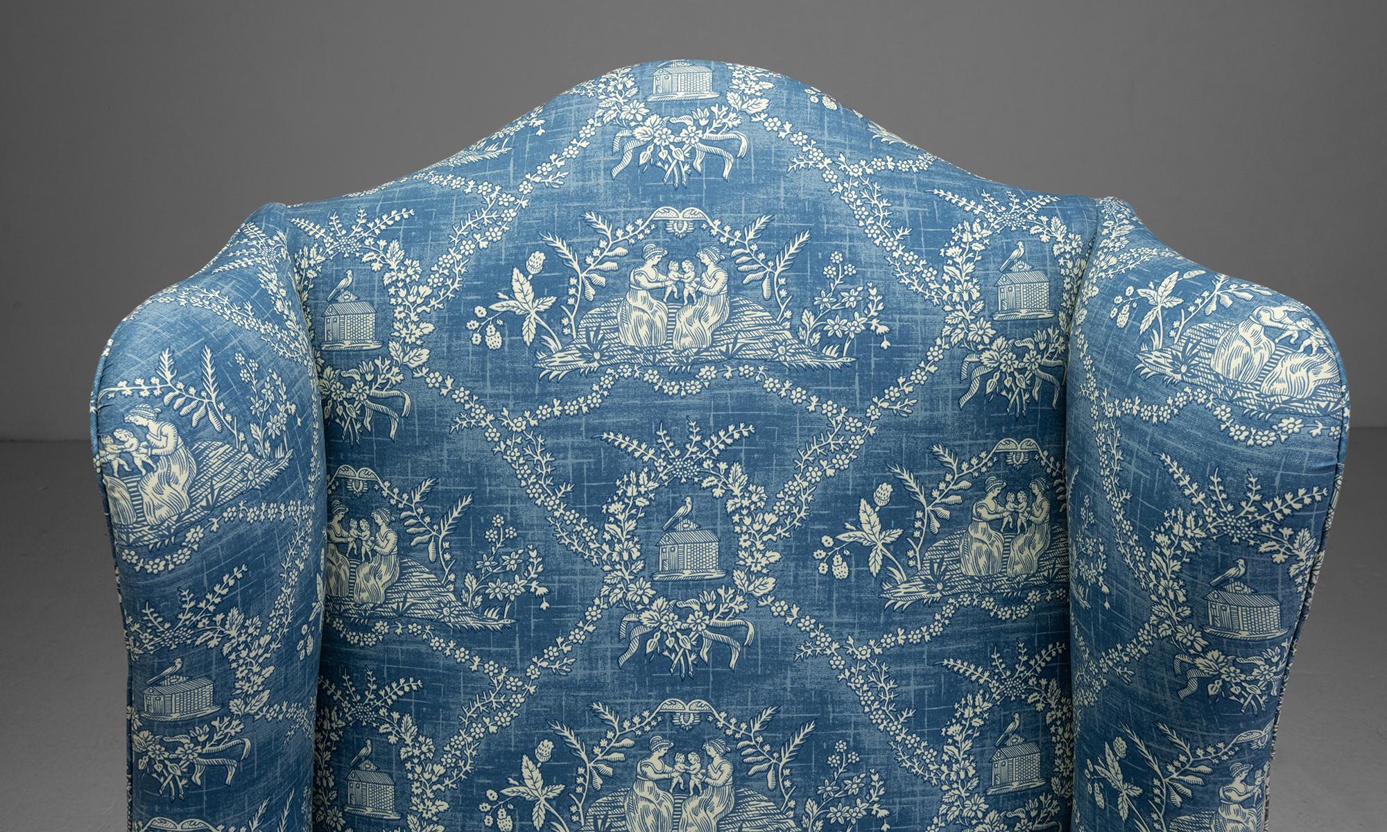 Fauteuil géorgien Wingback en tissu toile 100 % coton de Pierre Frey Bon état à Culver City, CA