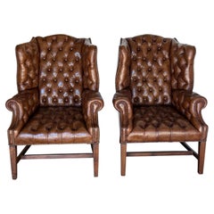 Georgian Wingback Armchairs, Leather Upholstery, Circa 1940s
