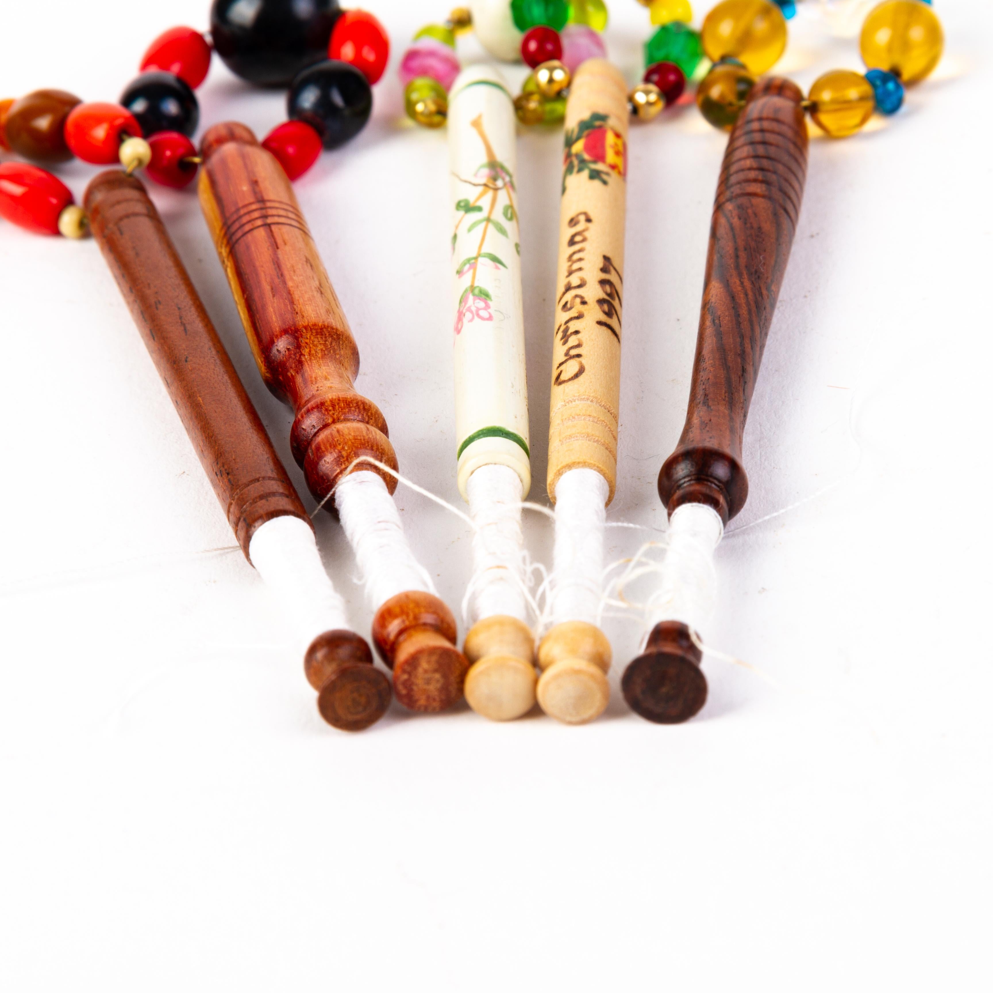 19th Century Georgian Wood Lace Bobbins with Glass Beads (x5) For Sale