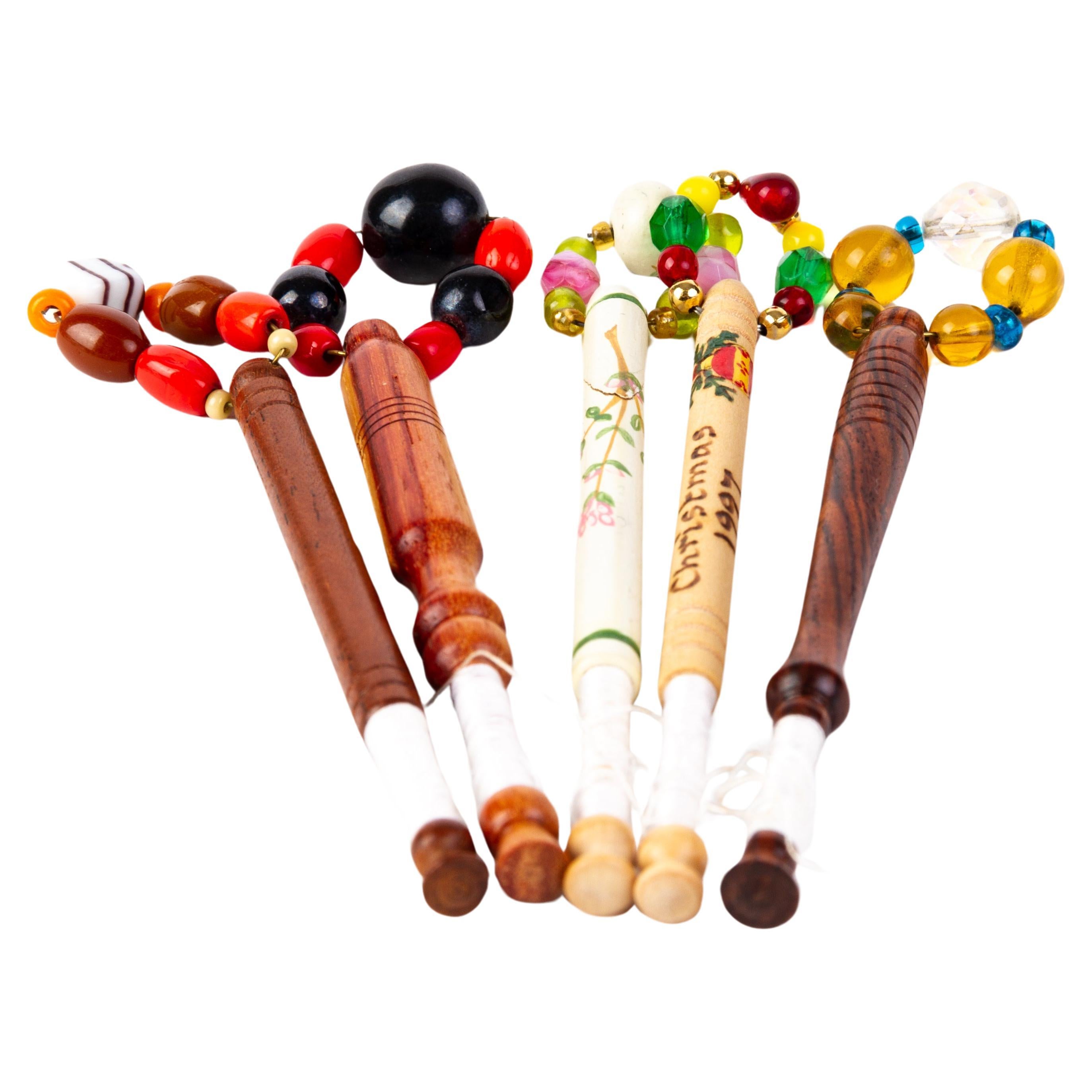 Georgian Wood Lace Bobbins with Glass Beads (x5) For Sale