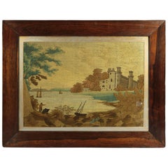Antique Georgian Woolwork Embroidered Picture, Castle by a Lake