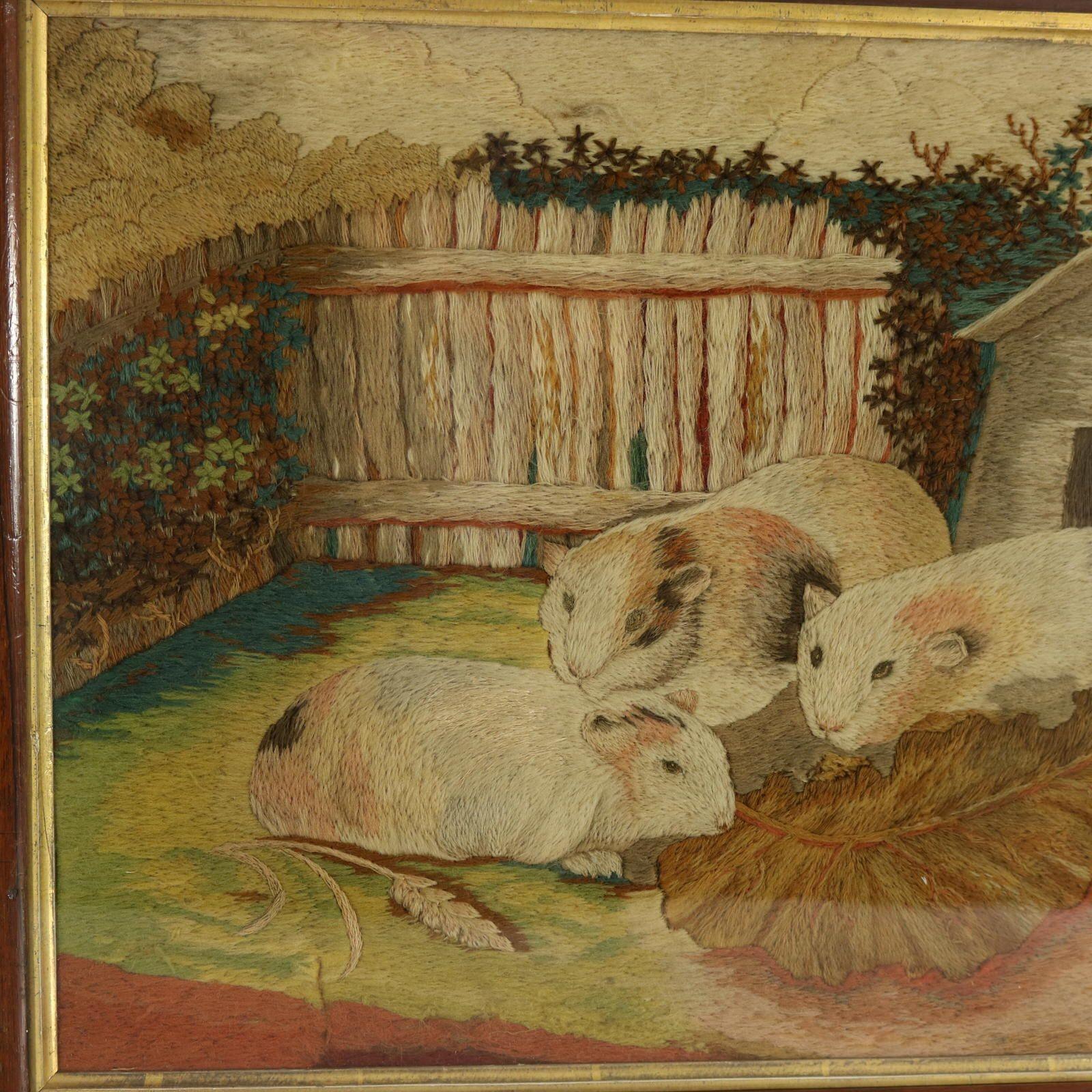 Georgian Woolwork Embroidered Picture of Guinea Pigs in a garden scene. The embroidery is worked in wool threads on a canvas ground, in a variety of stitches. Pictorial scene depicts three guinea pigs in their pen. A vegetable leaf in the