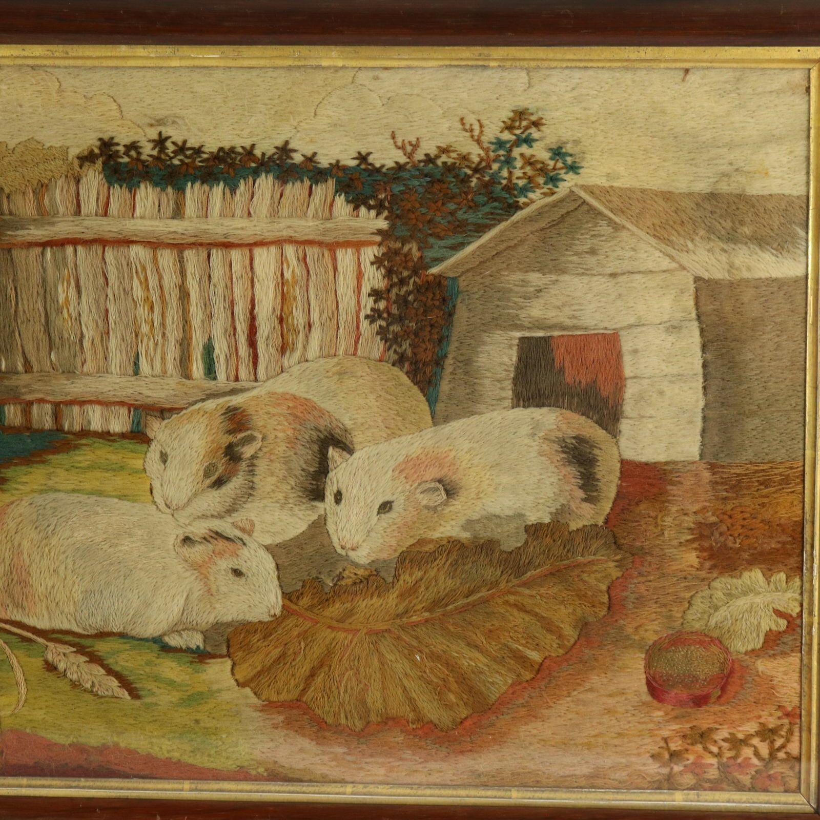 English Georgian Woolwork Embroidered Picture of Guinea Pigs For Sale