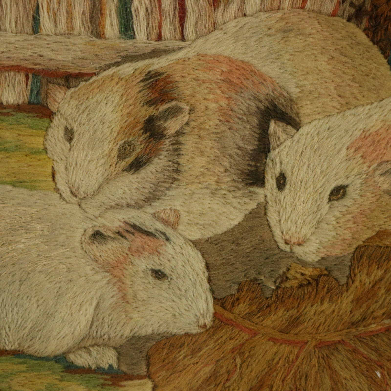 Early 19th Century Georgian Woolwork Embroidered Picture of Guinea Pigs For Sale