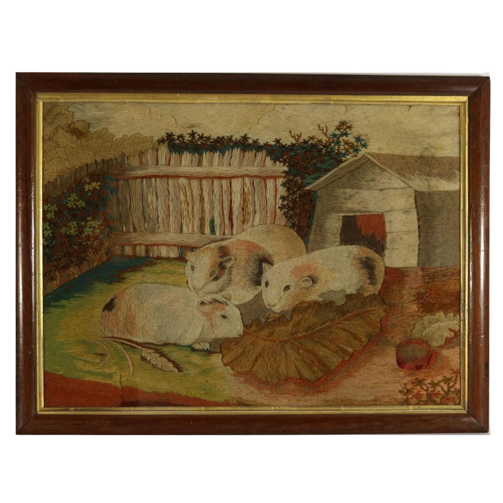 Georgian Woolwork Embroidered Picture of Guinea Pigs For Sale