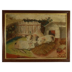 Antique Georgian Woolwork Embroidered Picture of Guinea Pigs