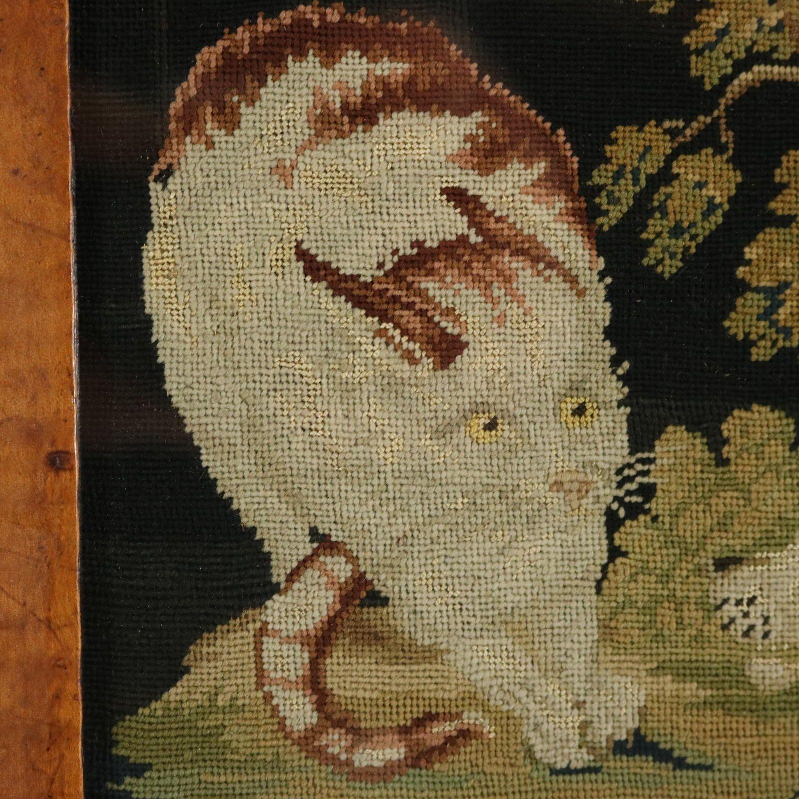 English Georgian Woolwork Embroidery of Dog & Cat For Sale