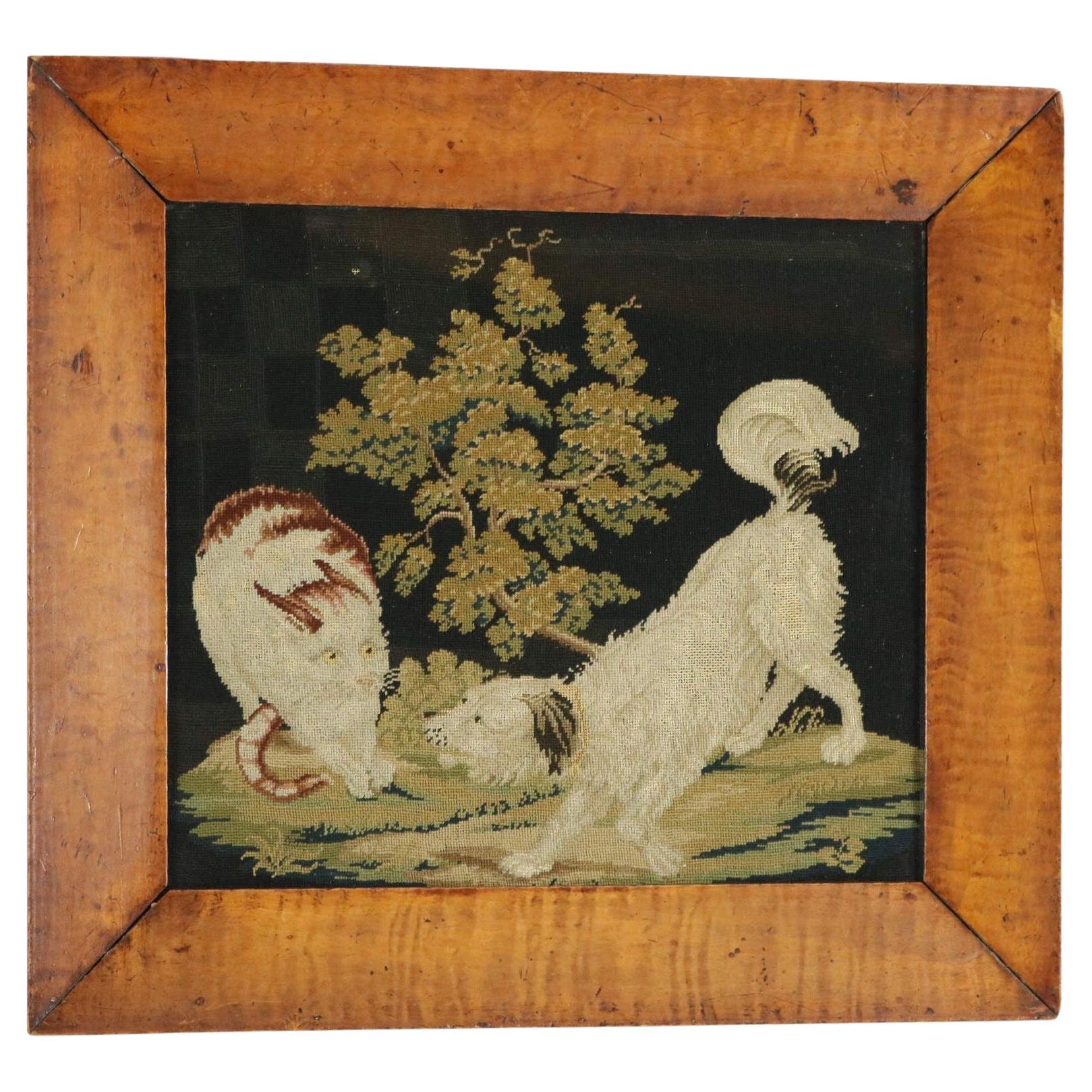 Georgian Woolwork Embroidery of Dog & Cat For Sale