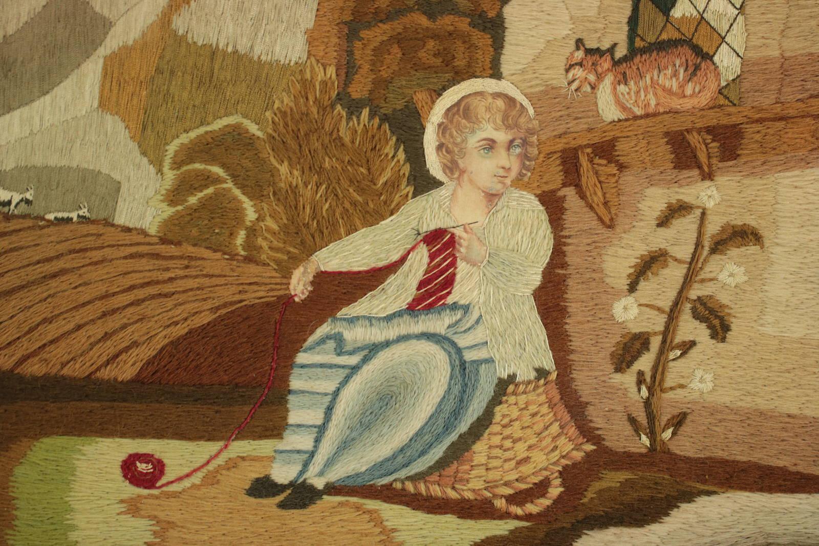 British Georgian Woolwork Picture of Child Playing with Cat For Sale