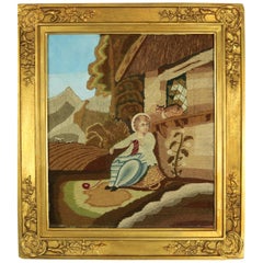 Antique Georgian Woolwork Picture of Child Playing with Cat