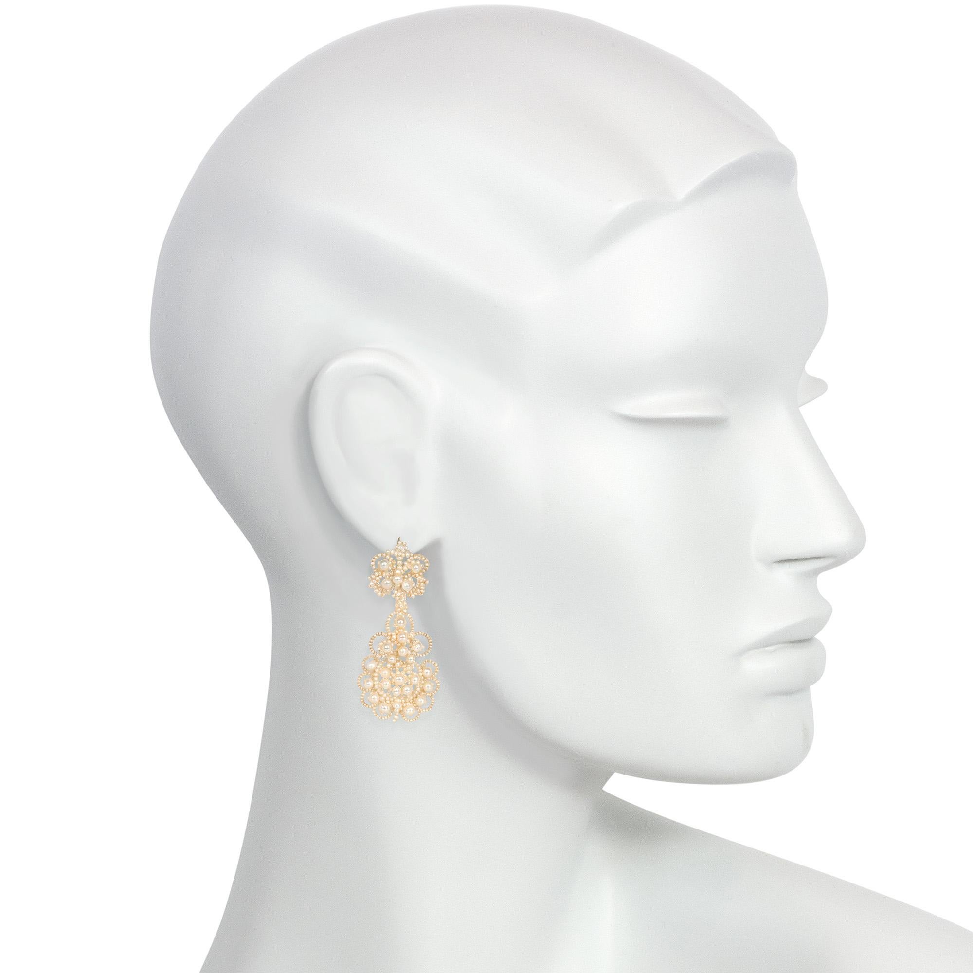 Bead Georgian Woven Seed Pearl Chandelier Earrings of Lace-Like Design