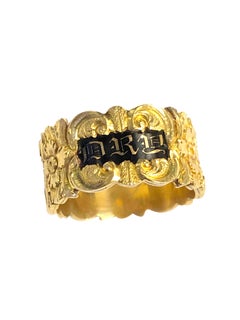 Georgian Yellow Gold and Enamel Hand Chased Memorial Memento Band Ring