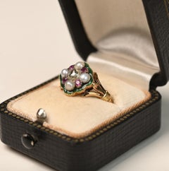 Georgian Yellow Gold Engagement Ring. Diamond Pearl Ruby Ring Green Enamel 1810