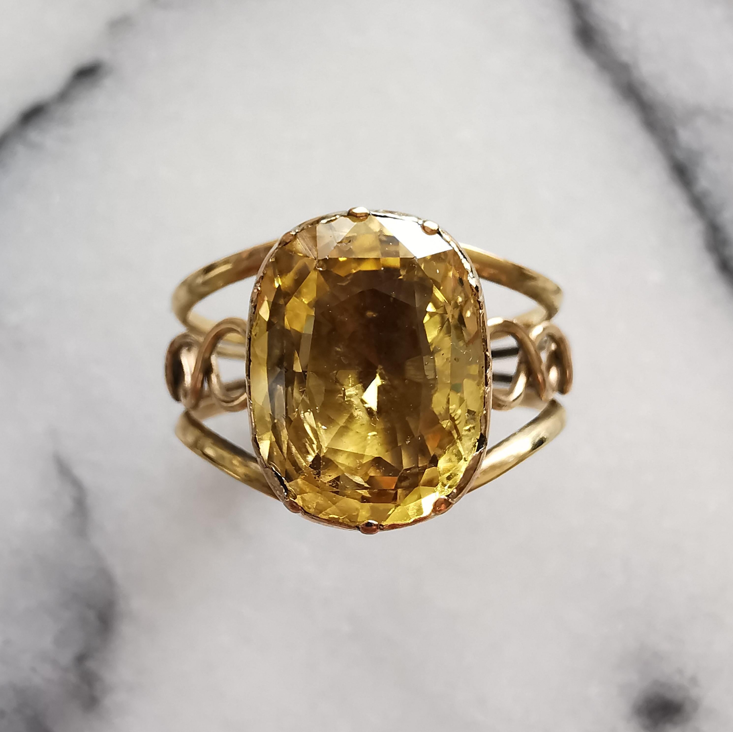 A curated antique jewel:

She is old, beautiful, exceptionally rare and will take your breath away. This Georgian yellow sapphire ring is dated between 1800 - 1815. The untreated yellow sapphire is 5.97 carats set in a buttery 18k yellow gold. The