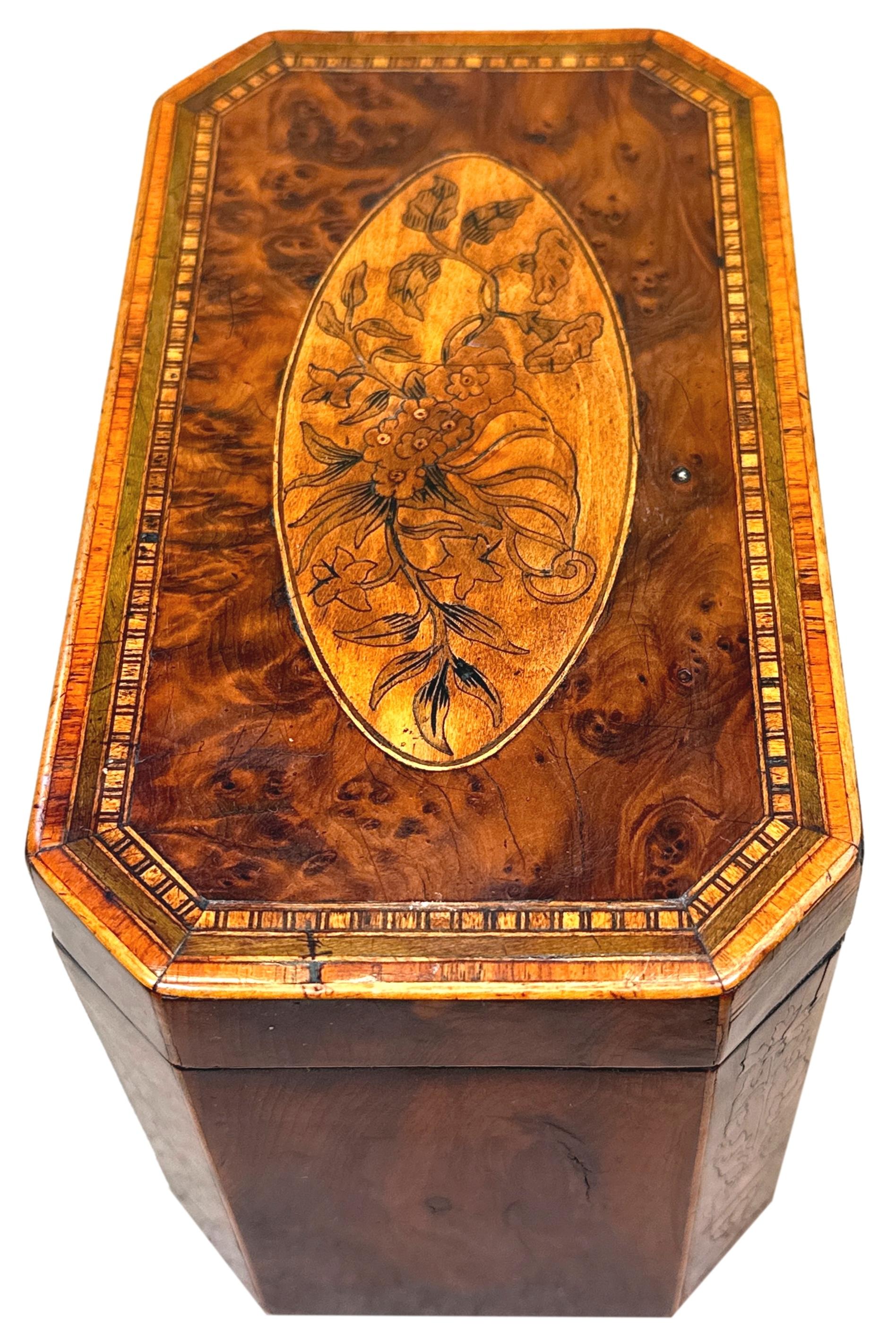 Caja de té georgiana de tejo con incrustaciones florales en Bueno estado para la venta en Bedfordshire, GB
