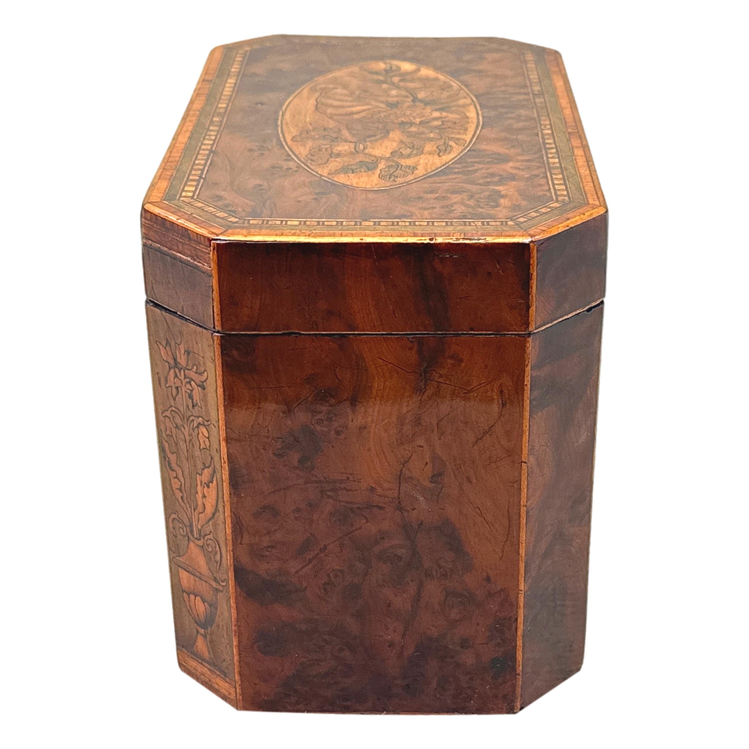 Caja de té georgiana de tejo con incrustaciones florales siglo XVIII en venta