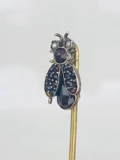 Georgian, Rose Cut Garnet and Seed Pearl, Fly Stick Pin, circa 1800