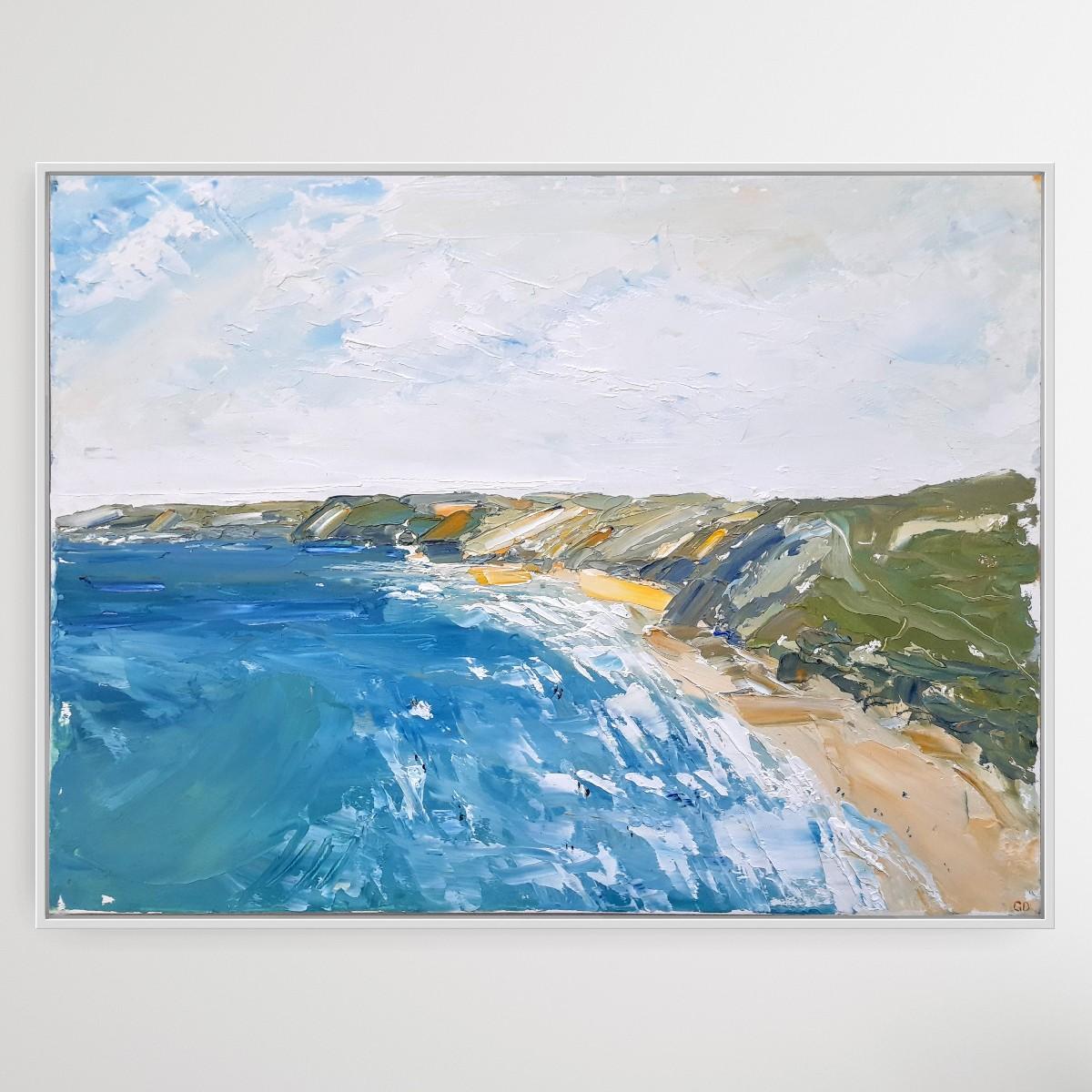 A Breezy Day at Perranporth, Cornwall by Georgie Dowling, Coastal Art - Painting by Georgie Dowling 