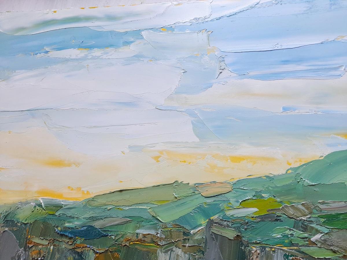 Across the bay, Cornwall by Georgie Dowling [2022]
original and hand signed by the artist 
oil paint on cradled panel
Image size: H:50 cm x W:50 cm
Complete Size of Unframed Work: H:50 cm x W:50 cm x D:2cm
Sold Unframed
Please note that insitu