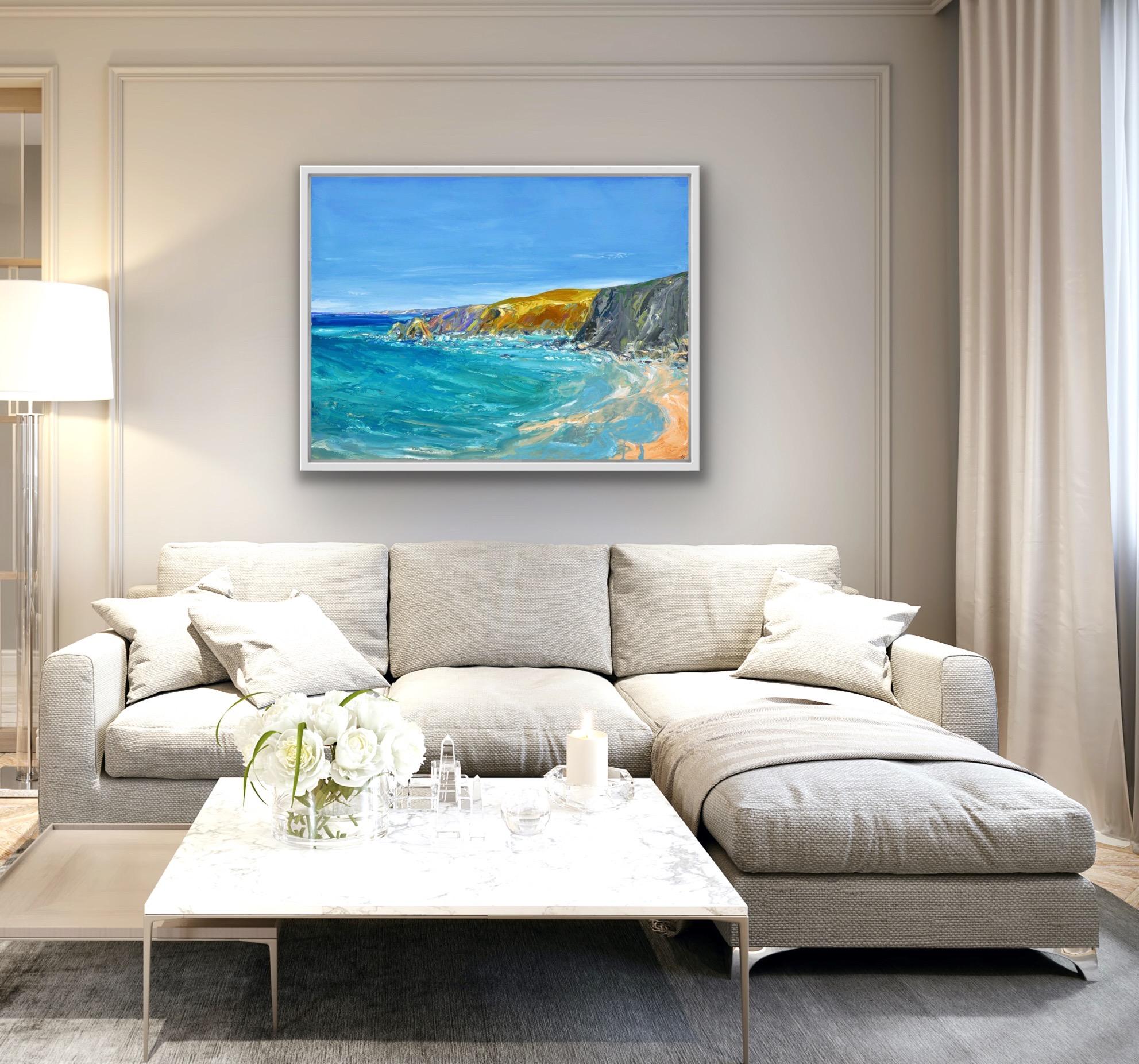 Colourful day at Trevaunance, Seascape and Coastal painting, Beach House Art - Painting by Georgie Dowling 