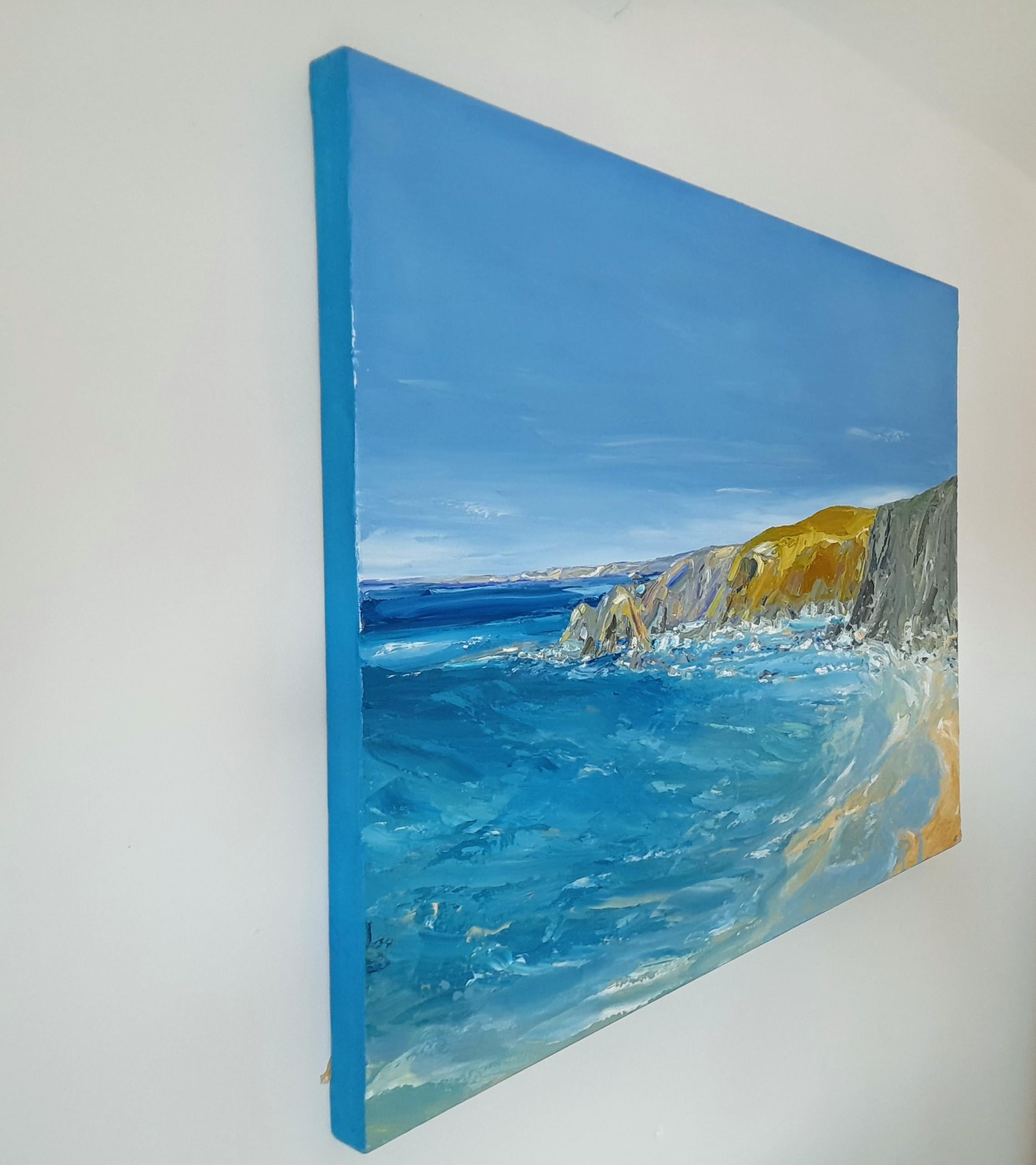 A colourful oil painting depicting a view at trevaunance cove in North Cornwall on a bright summers day. The paint is applied thickly with a palette knife giving life to the sea and lots of texture to the cliffs. The edges are painted with a