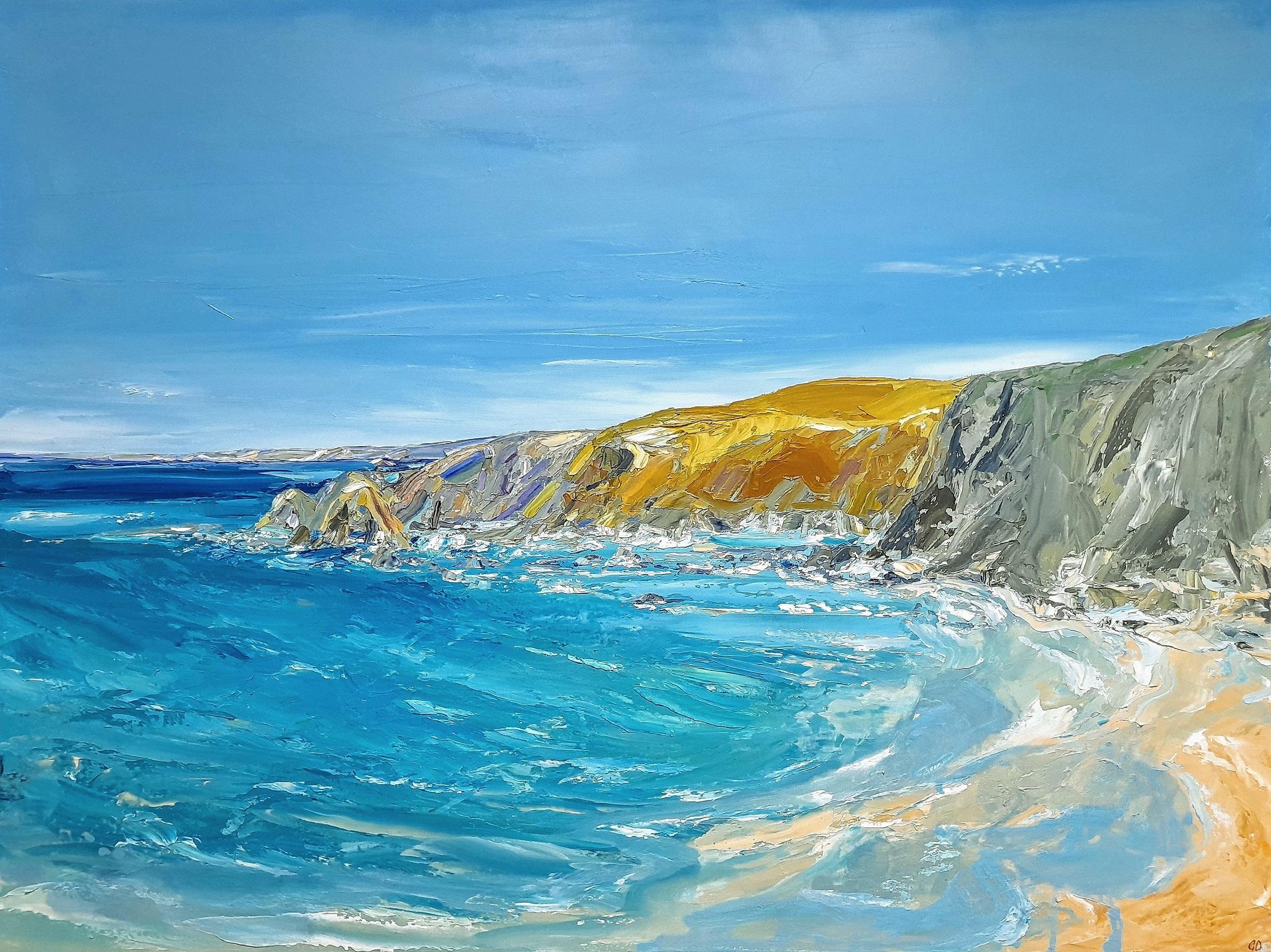 Georgie Dowling  Landscape Painting - Colourful day at Trevaunance, Seascape and Coastal painting, Beach House Art