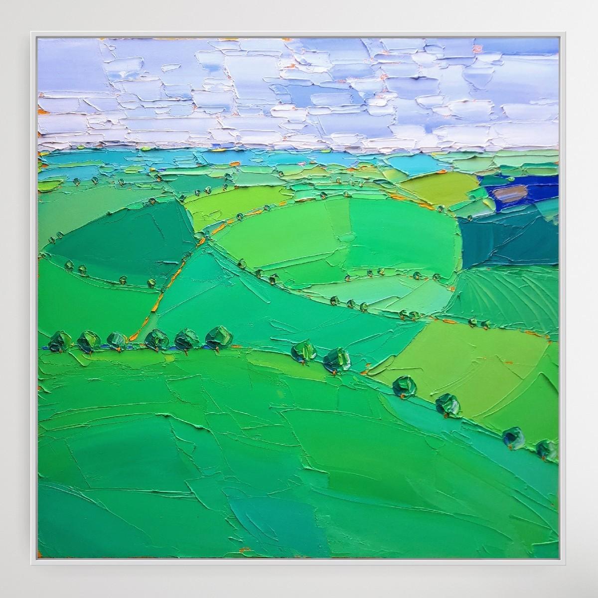 Cotswold Fields II, Original painting, Contemporary artist, Cotswold art, 2022 - Green Landscape Painting by Georgie Dowling 