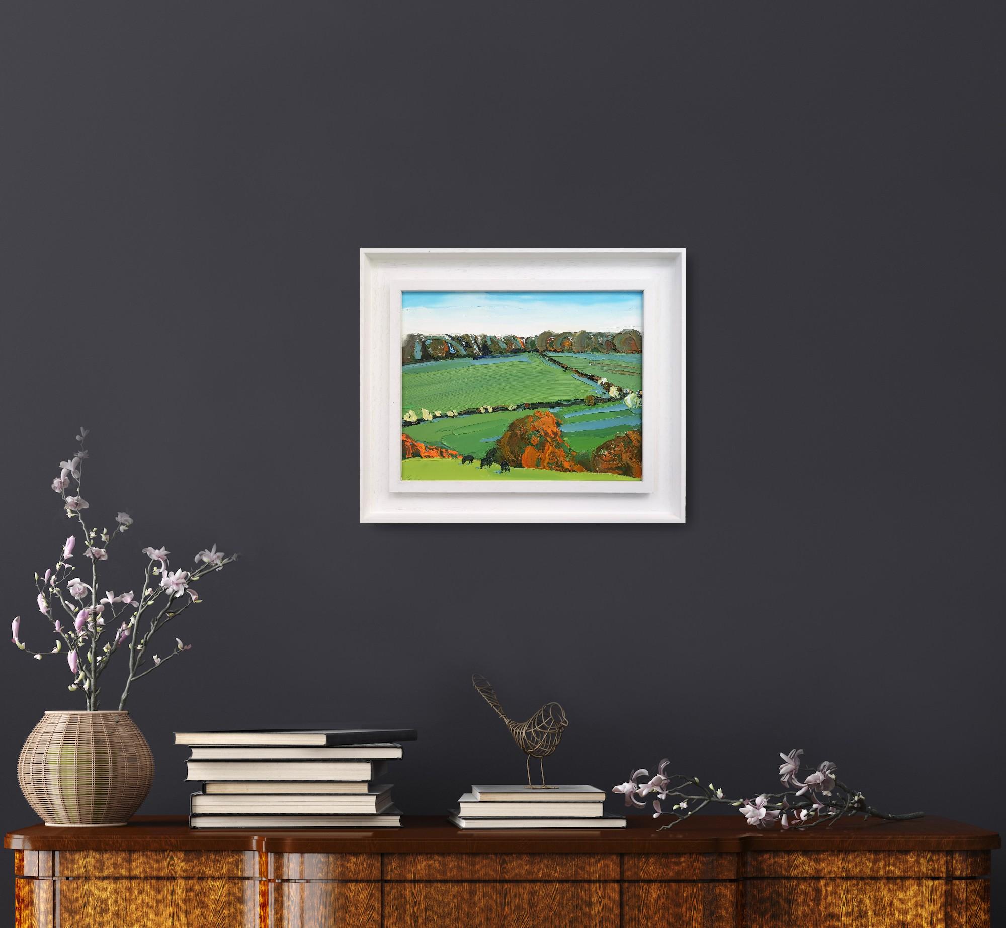 Mucche nelle Cotswolds, Autunno, Quadro originale, Paesaggio, Nature, Albero - Still-Life Painting Grigio di Georgie Dowling 