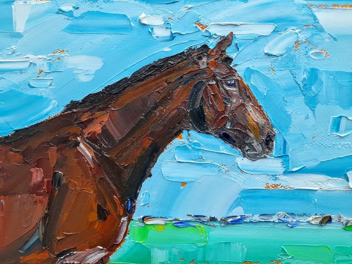 ‘Hunter’ (Bay Horse), Georgie Dowling, Original painting, equestrian painting - Blue Animal Painting by Georgie Dowling 
