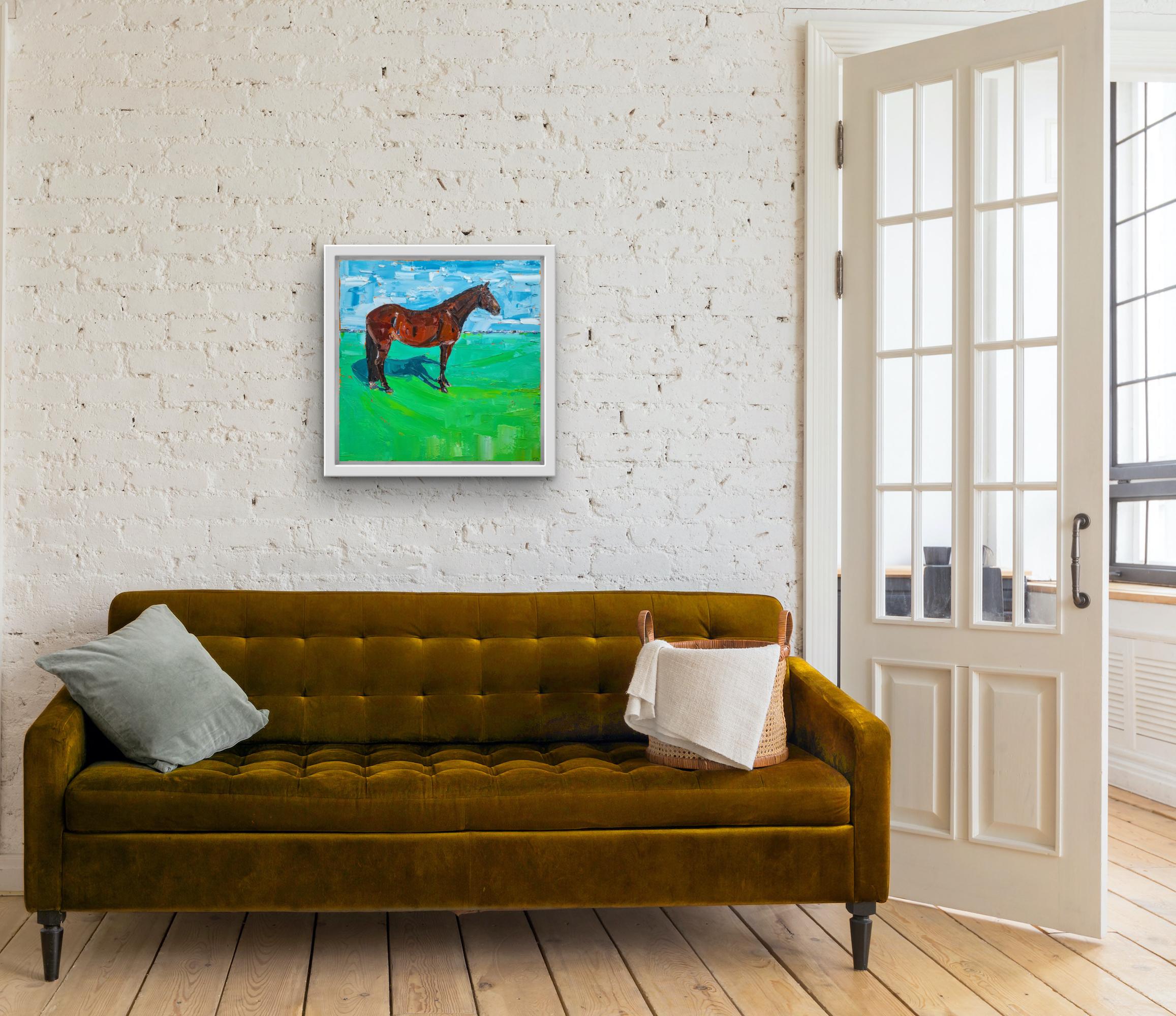 ‘Hunter’ (Bay Horse) by Georgie Dowling [2021]
original and hand signed by the artist 
Oil paint on canvas
Complete Size of Unframed Work: H:40 cm x W:40 cm x D:2cm
Sold Unframed
Please note that insitu images are purely an indication of how a piece