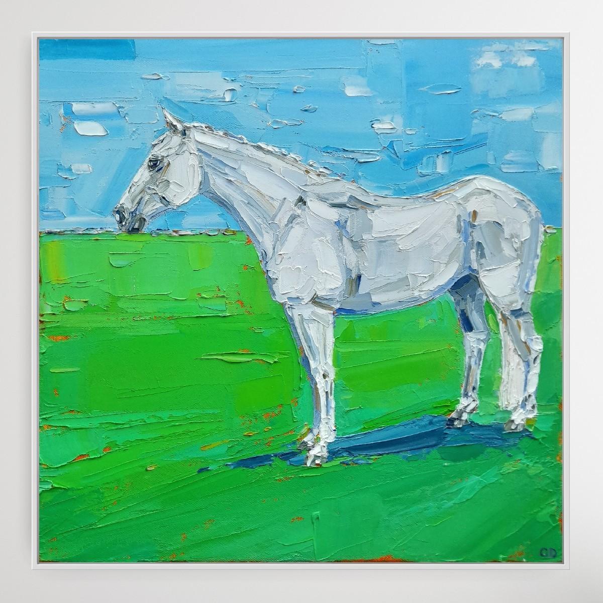 Last Resort (White Horse), Georgie Dowling, Original painting, Equestrian art - Contemporary Painting by Georgie Dowling 