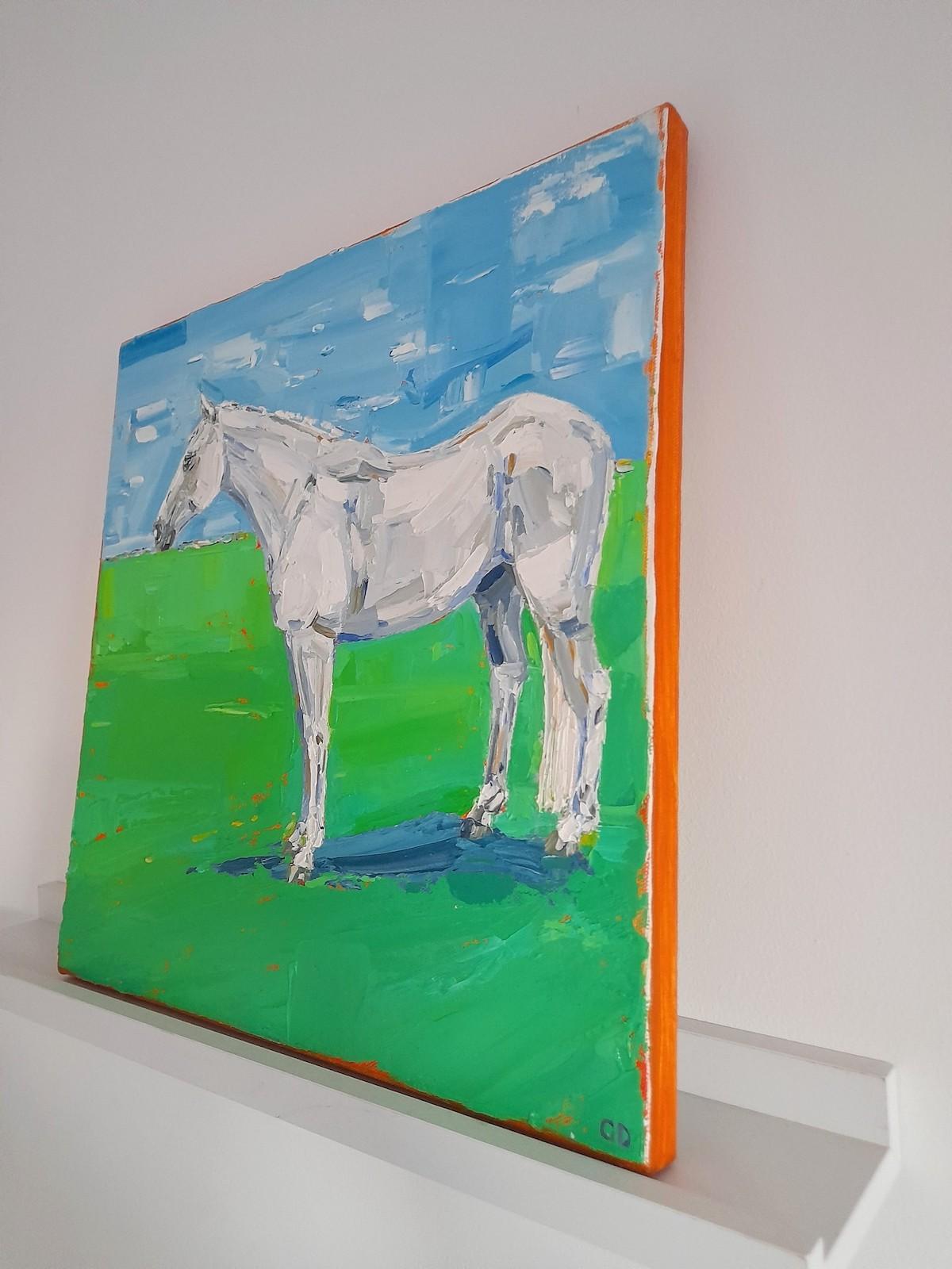 Last Resort (White Horse), Georgie Dowling, Original painting, Equestrian art - Blue Landscape Painting by Georgie Dowling 
