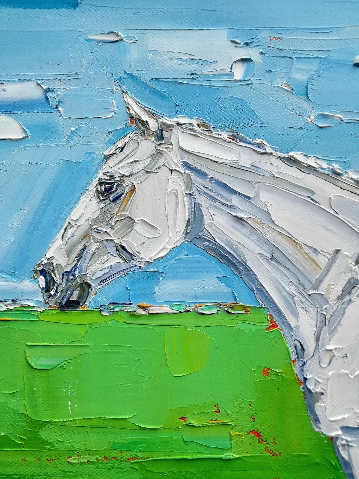 ‘Last Resort’ (White Horse) by Georgie Dowling [2021]
original and hand signed by the artist 
Oil paint on canvas
Image size: H:40 cm x W:40 cm
Complete Size of Unframed Work: H:40 cm x W:40 cm x D:2cm
Sold Unframed
Please note that insitu images