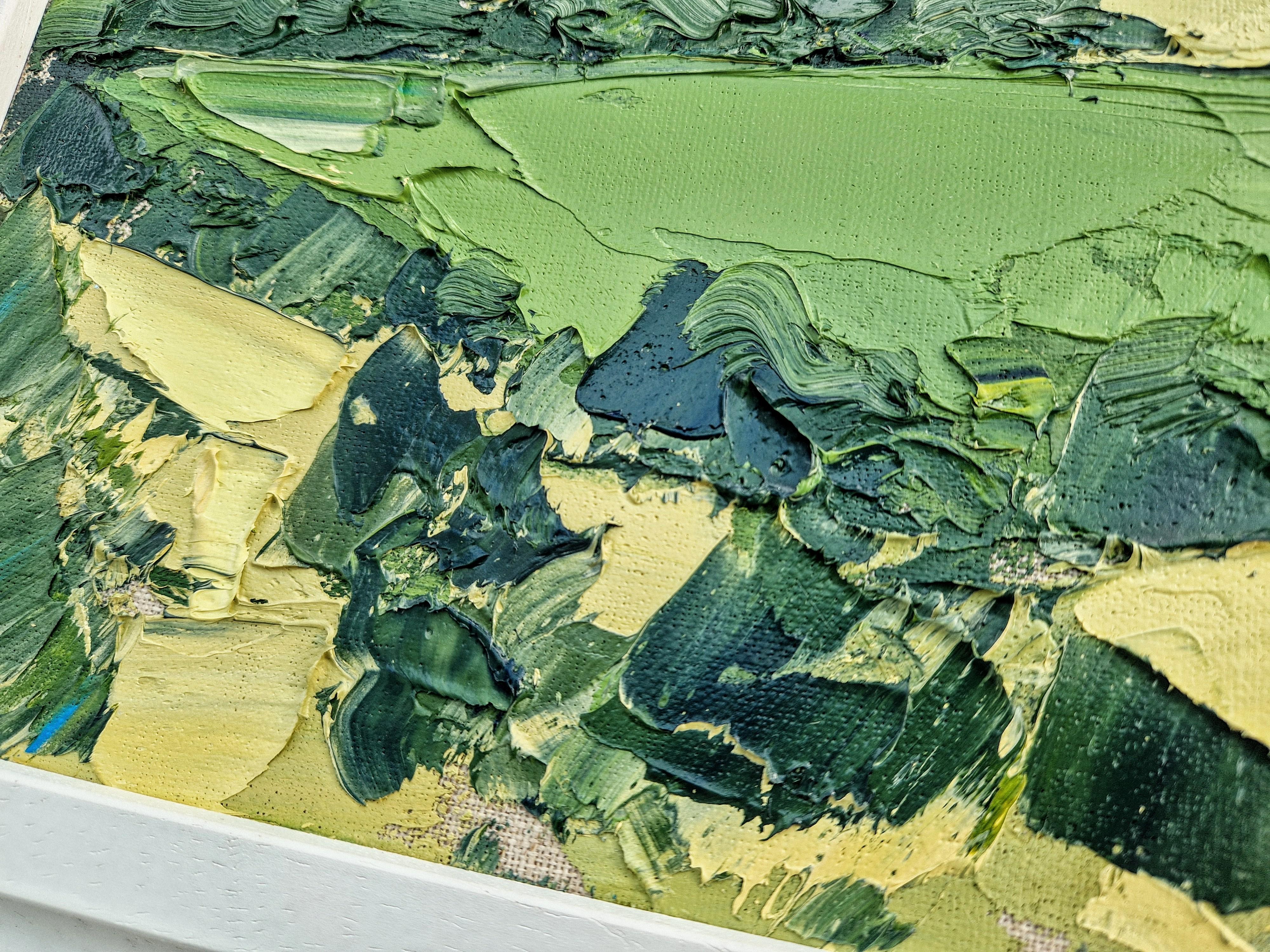 Ein ausdrucksstarkes Spachtel-Ölgemälde, das einen Ausschnitt der Aussicht vom Kymin auf den Zuckerhut und die umliegende Landschaft zeigt. Der dicke, strukturierte Farbauftrag erweckt die Landschaft zum Leben. Das Gemälde wird gerahmt in einem