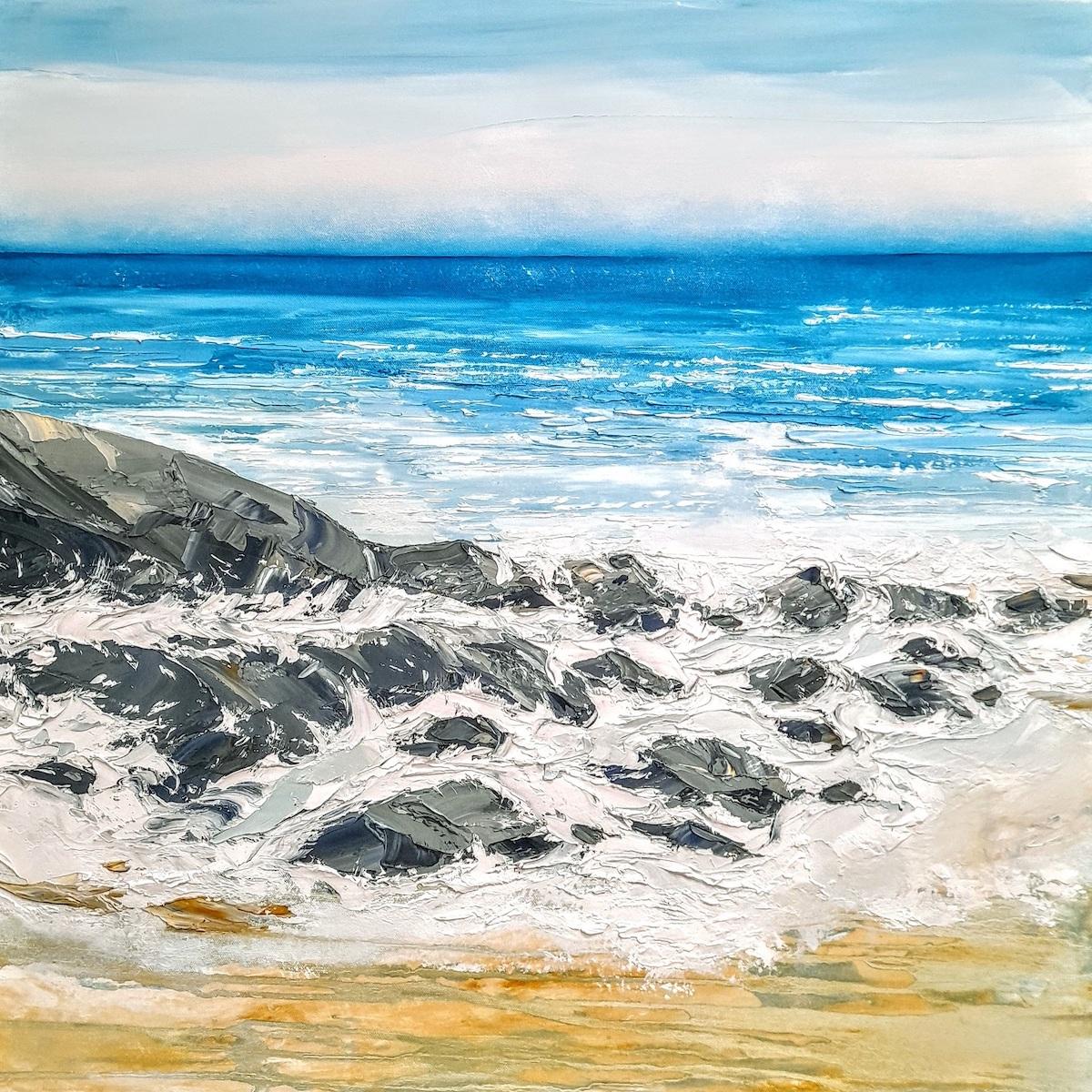 Summer on the Cornwall Coast by Georgie Dowling [2022]
original and hand signed by the artist 
Oil paint on canvas
Image size: H:75 cm x W:75 cm
Complete Size of Unframed Work: H:75 cm x W:75 cm x D:4cm
Sold Unframed
Please note that insitu images