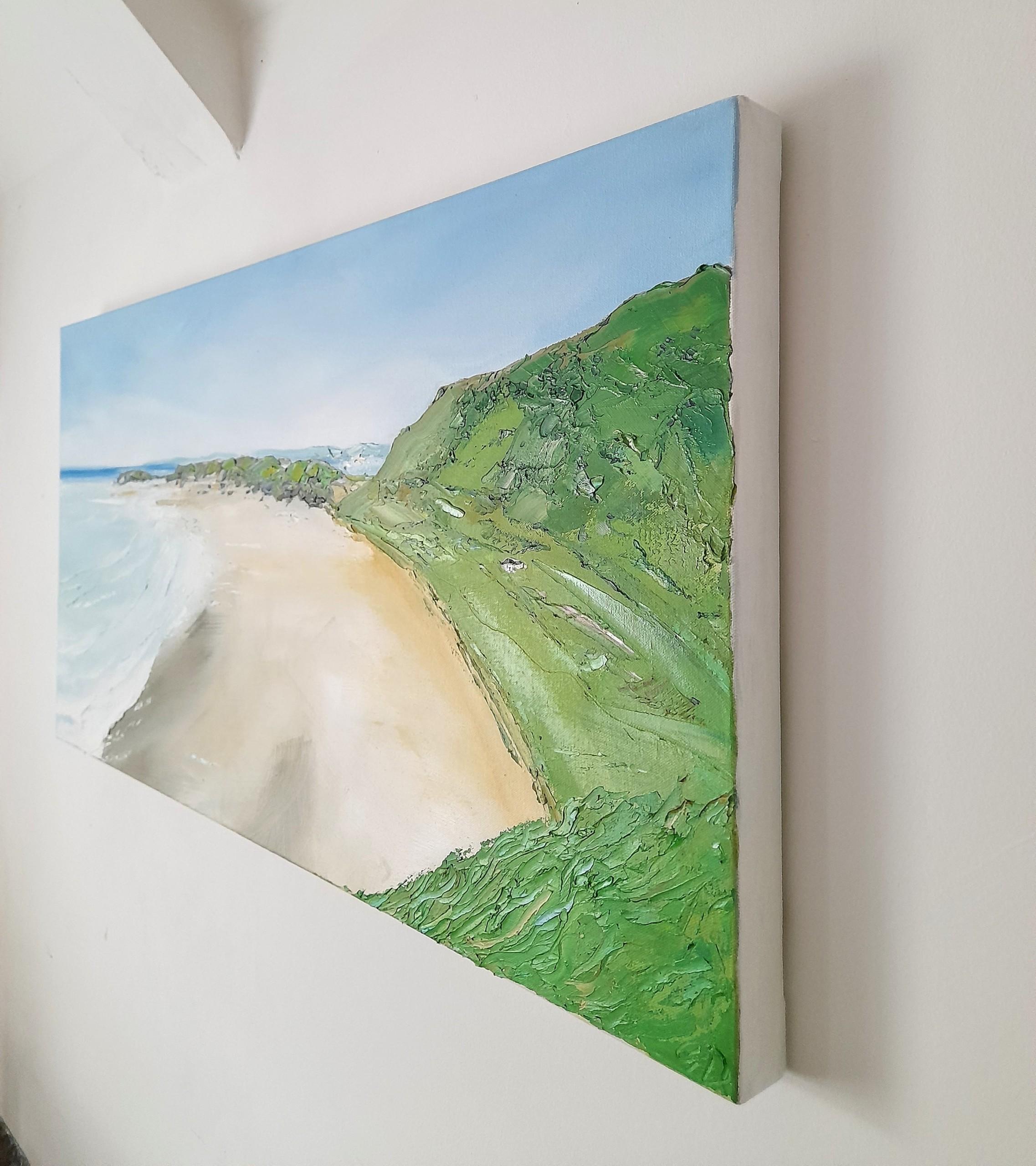 Perfect Day at Rhossili Bay, Paintings of Wales, Welsh Coastal Art, Textured Art - Gray Abstract Painting by Georgie Dowling