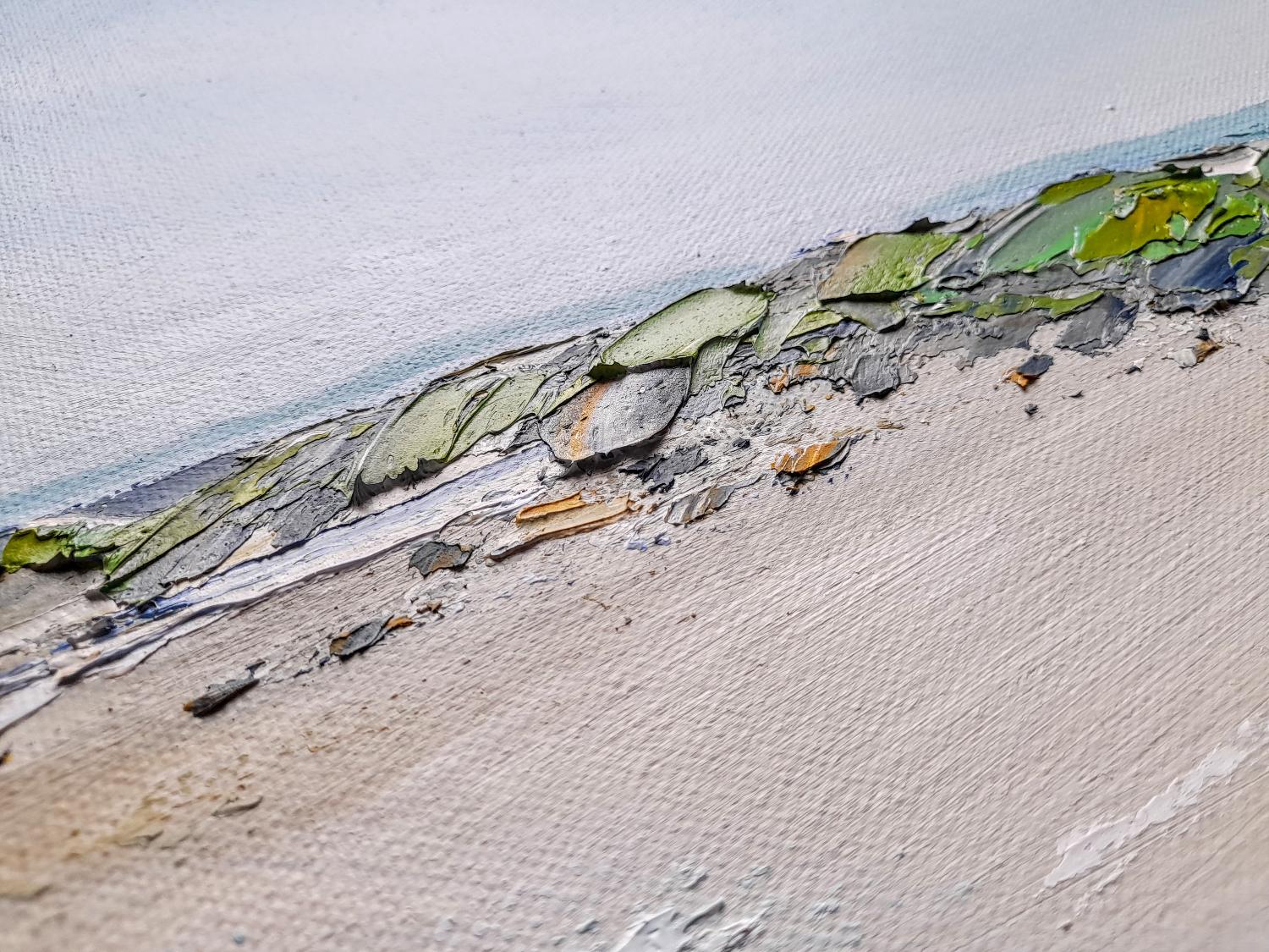 Ein Original-Ölgemälde auf Leinwand, das einen schönen Tag in der Rhossili Bay auf der Halbinsel Gower zeigt. Der Blick auf den langen Strand vermittelt ein Gefühl von Weite, während die Farbpalette einen frischen, sonnigen Tag vermittelt. Die