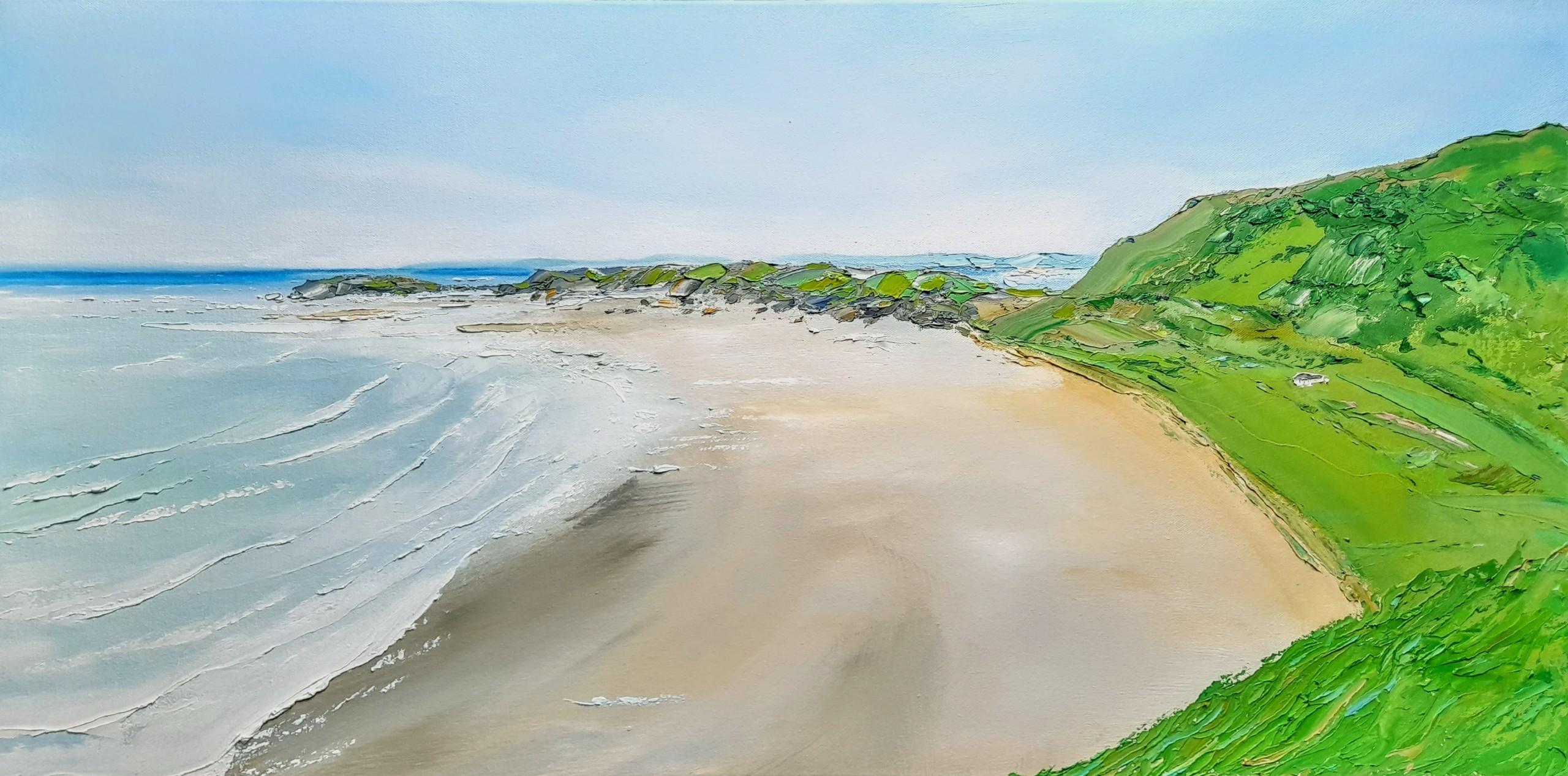 Georgie Dowling Abstract Painting - Perfect Day at Rhossili Bay, Paintings of Wales, Welsh Coastal Art, Textured Art